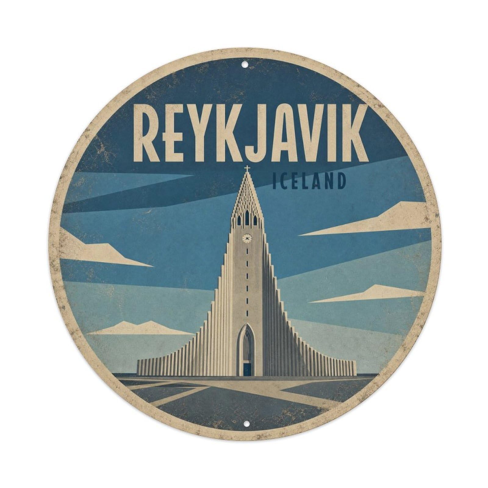 Vintage Travel Iceland Reykjavik Vintage Metal Tin Sign Plaque Wall Decor for Cafe, Club Bar, Office, Garden Metal Poster 8x8Inch