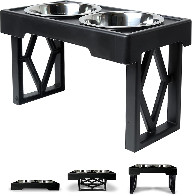 Designer Diner Elevated Dog Bowl Stand, 3 Adjustable Height Levels | 3 Height Adjustable, Includes 2 Stainless Steel Bowls with 7 Cup Capacity Each