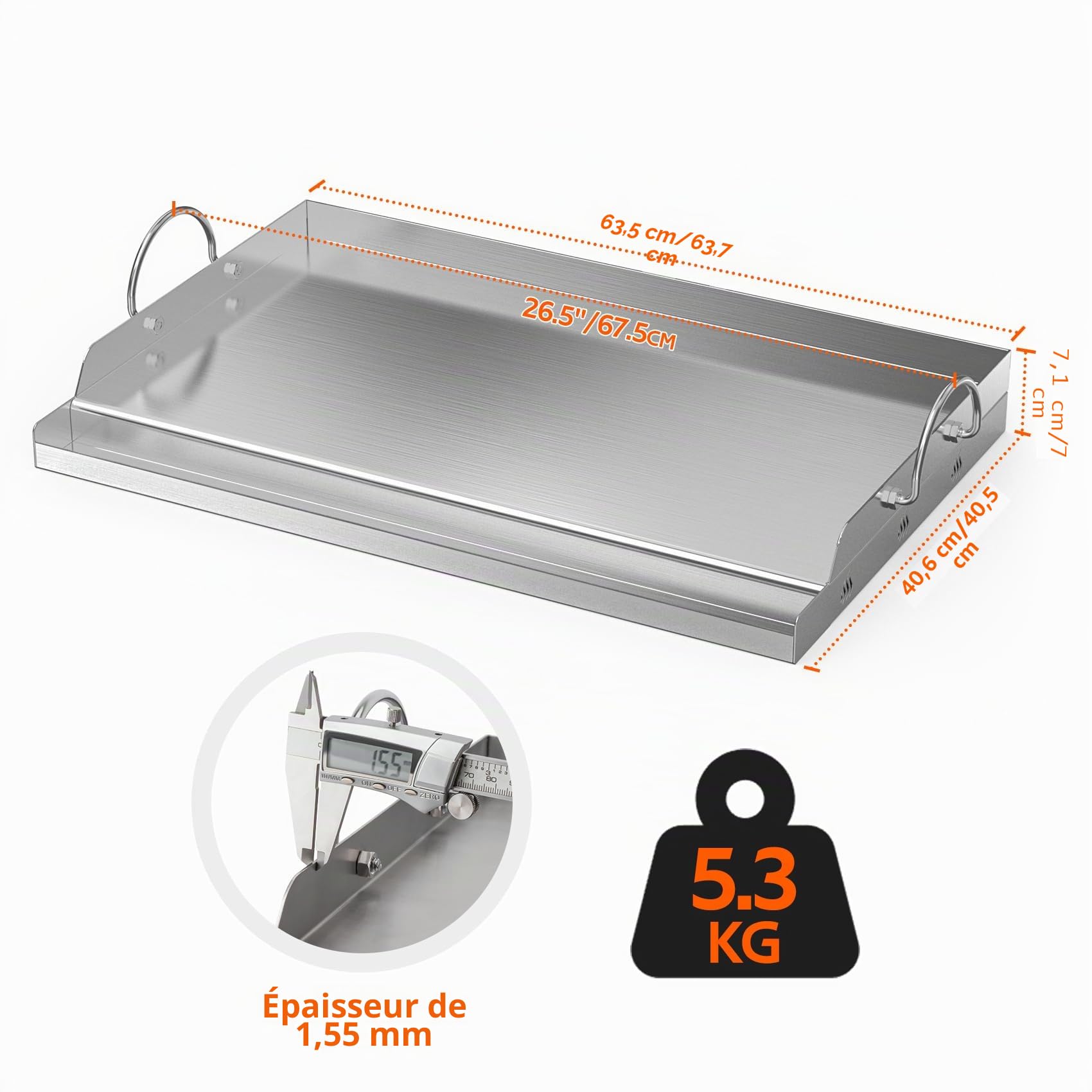 Onlyfire Grande Plaque Plancha en Inox 63.7 x 40.5 cm pour Barbecue Gaz Charbon