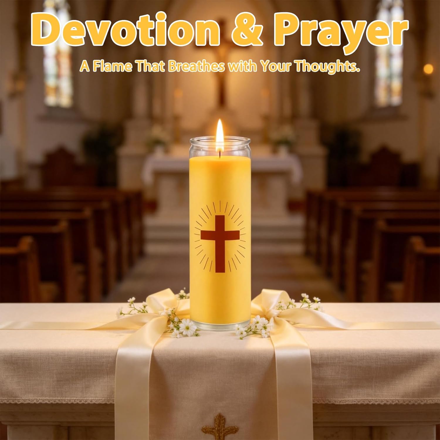6 Pack Pure Beeswax Prayer Candles, 7-Day Devotional, Safe Blown Glass Jars with Cross, Long Burning, Smokeless Honey Fragrance Catholic Candles for Vigil, Church & Memorials