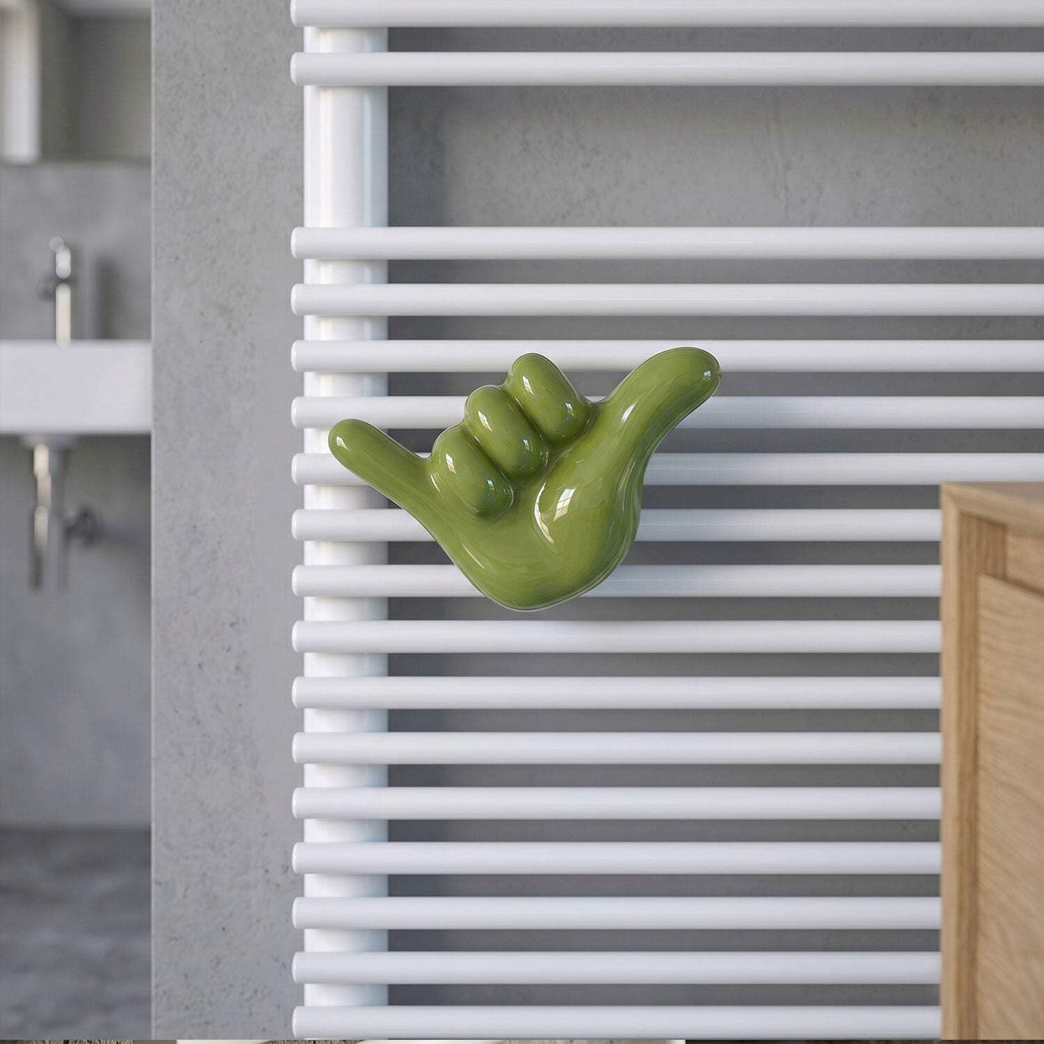 Shaka Appendino Verde in Ceramica, Portasciugamani a Forma di Shaka, Gancio per Radiatore e Appendiabiti da Parete, Made in Italy