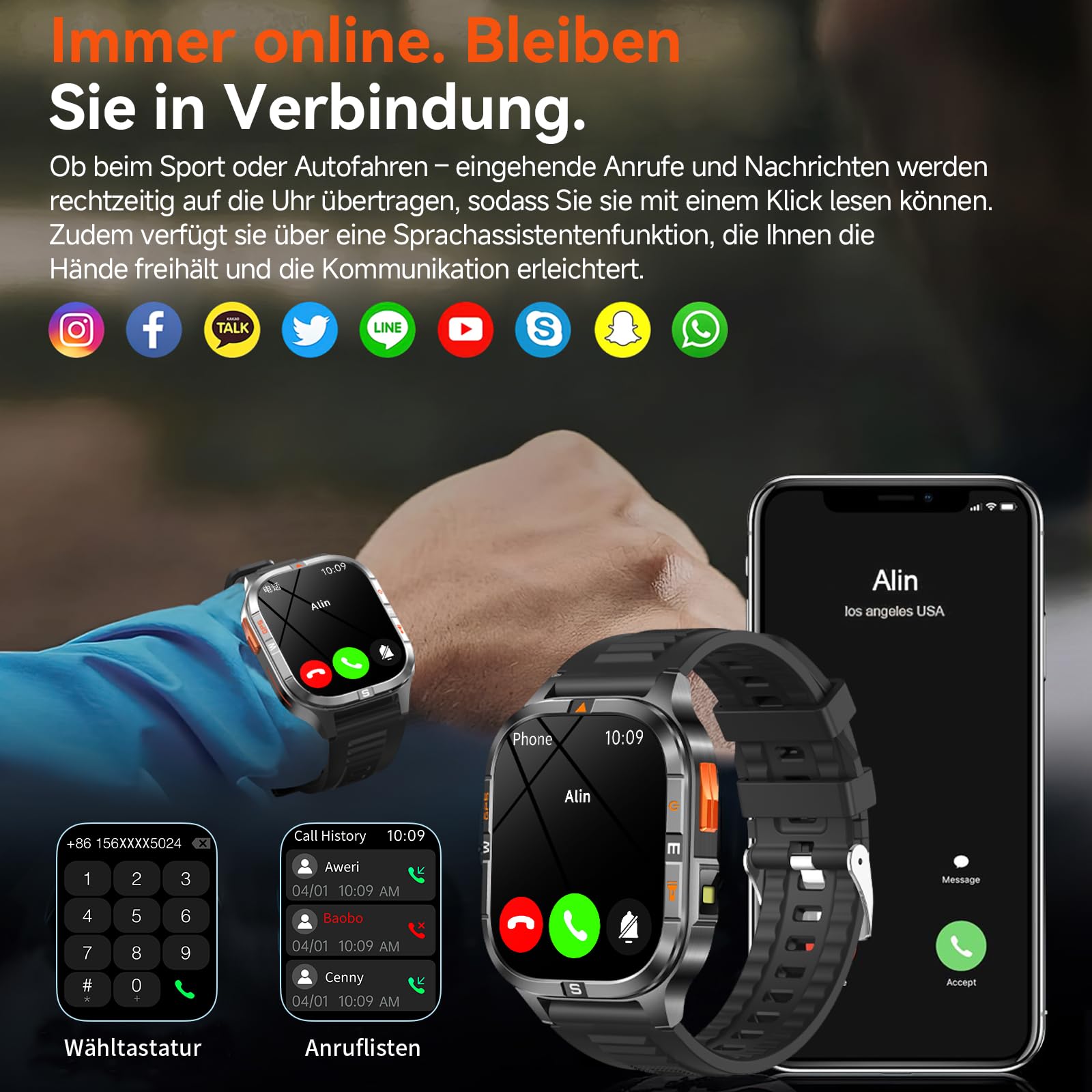 Smartwatch herren Militärische 2,01" HD, mit GPS/Bluetooth-Anruf/Kompass