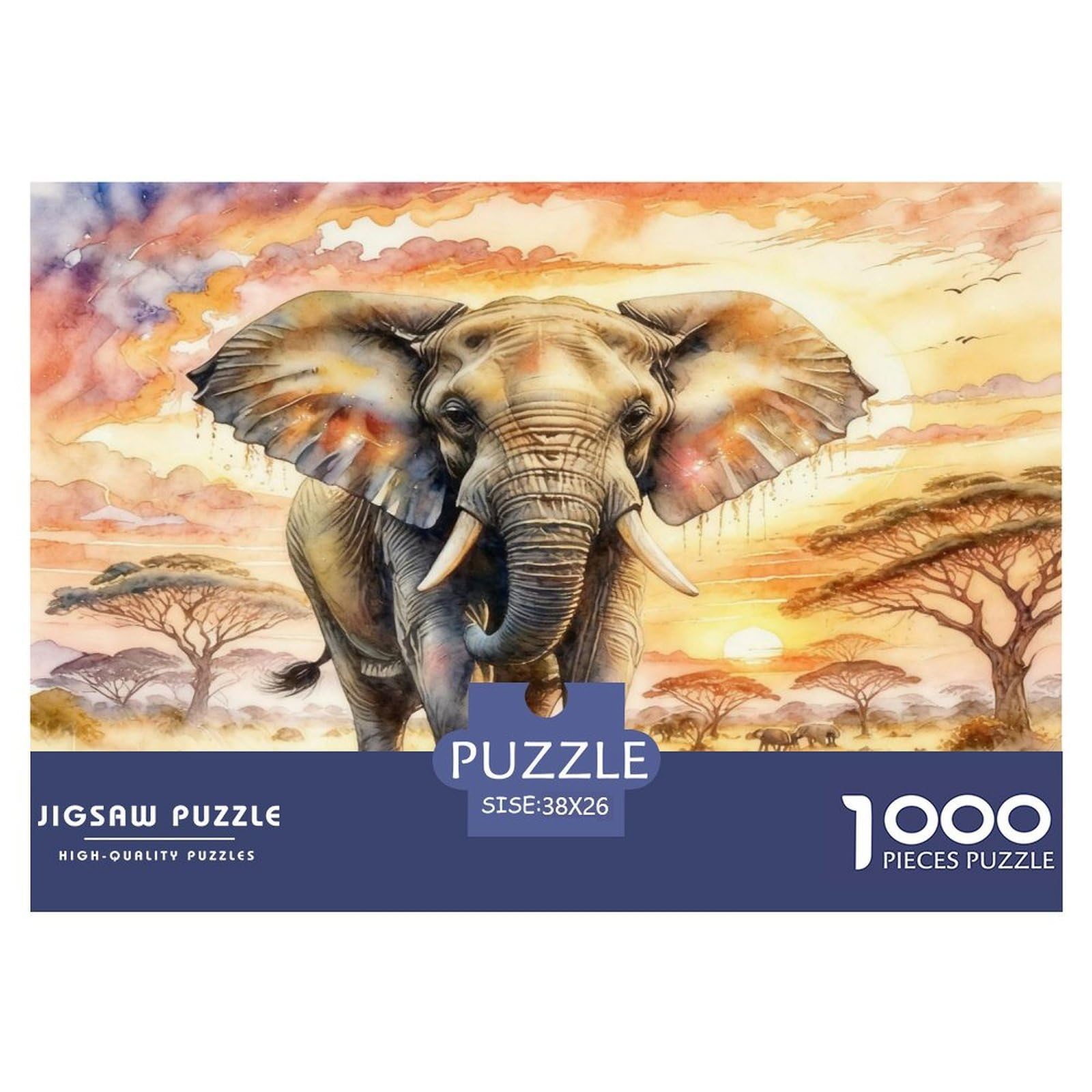 African Elephant 1000 Pieces Jigsaws for Adults Wildlife Fun, Challenging & Brainteasing Beautiful Home Decoration Art Colorful DIY Craft 38x26cm/1000pcs