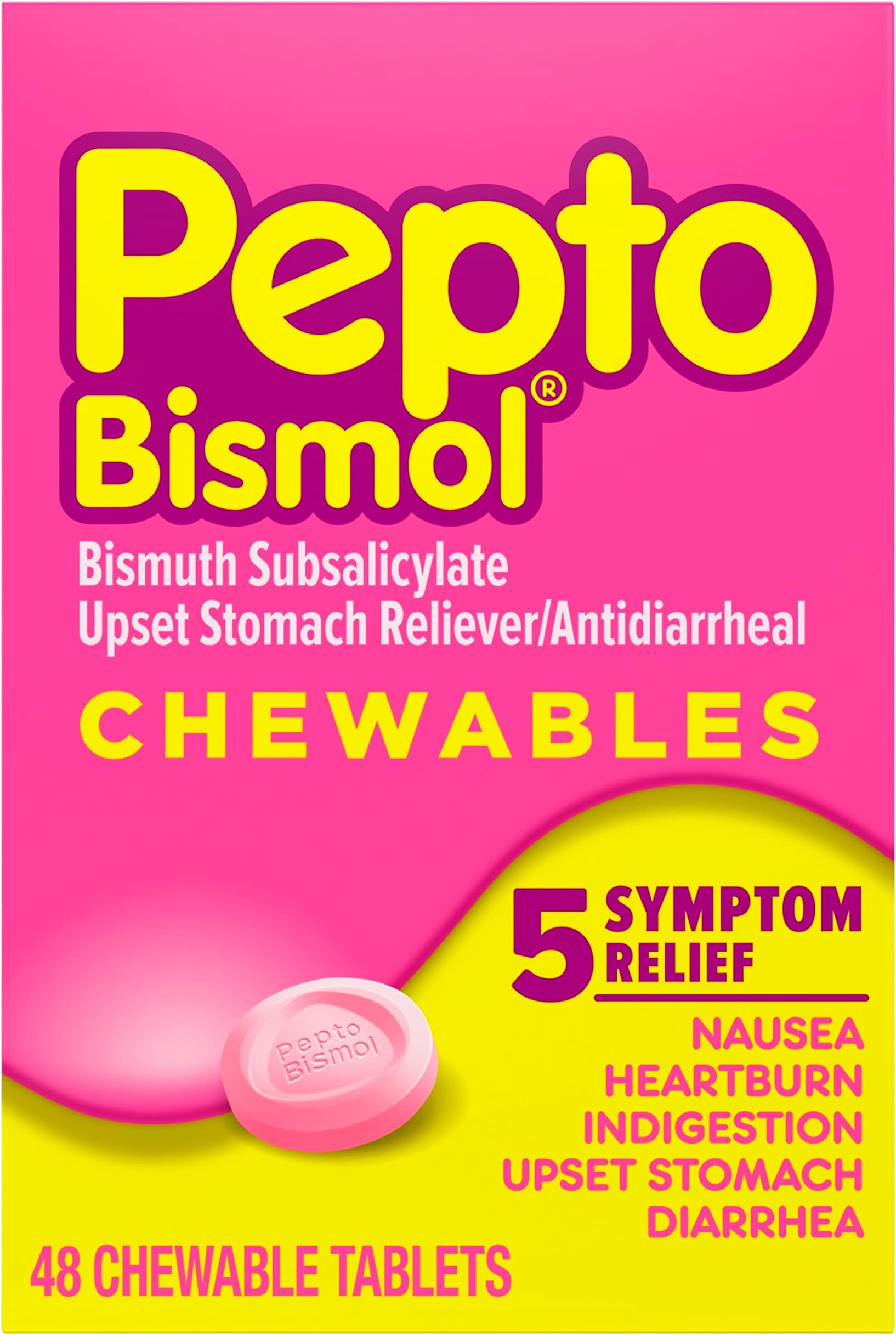 Chewable Tablets for Nausea, Heartburn, Indigestion, Upset Stomach, and Diarrhea - 5 Symptom Fast Relief, Original Flavor, 48 ct