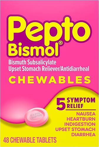 Pepto Bismol Tabletas masticables para náuseas, acidez estomacal, indigestión, malestar estomacal y diarrea, alivio rápido de 5 síntomas, sabor