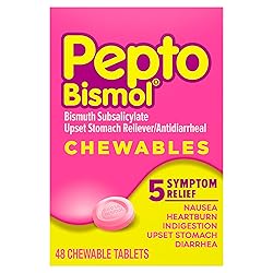 Pepto Bismol Chewable Tablets, Upset Stomach Relief, Nausea Relief, Heartburn Relief, Indigestion Relief, Anti Diarrhea Medication for Adults - 5 Symptom Relief, 48 ct