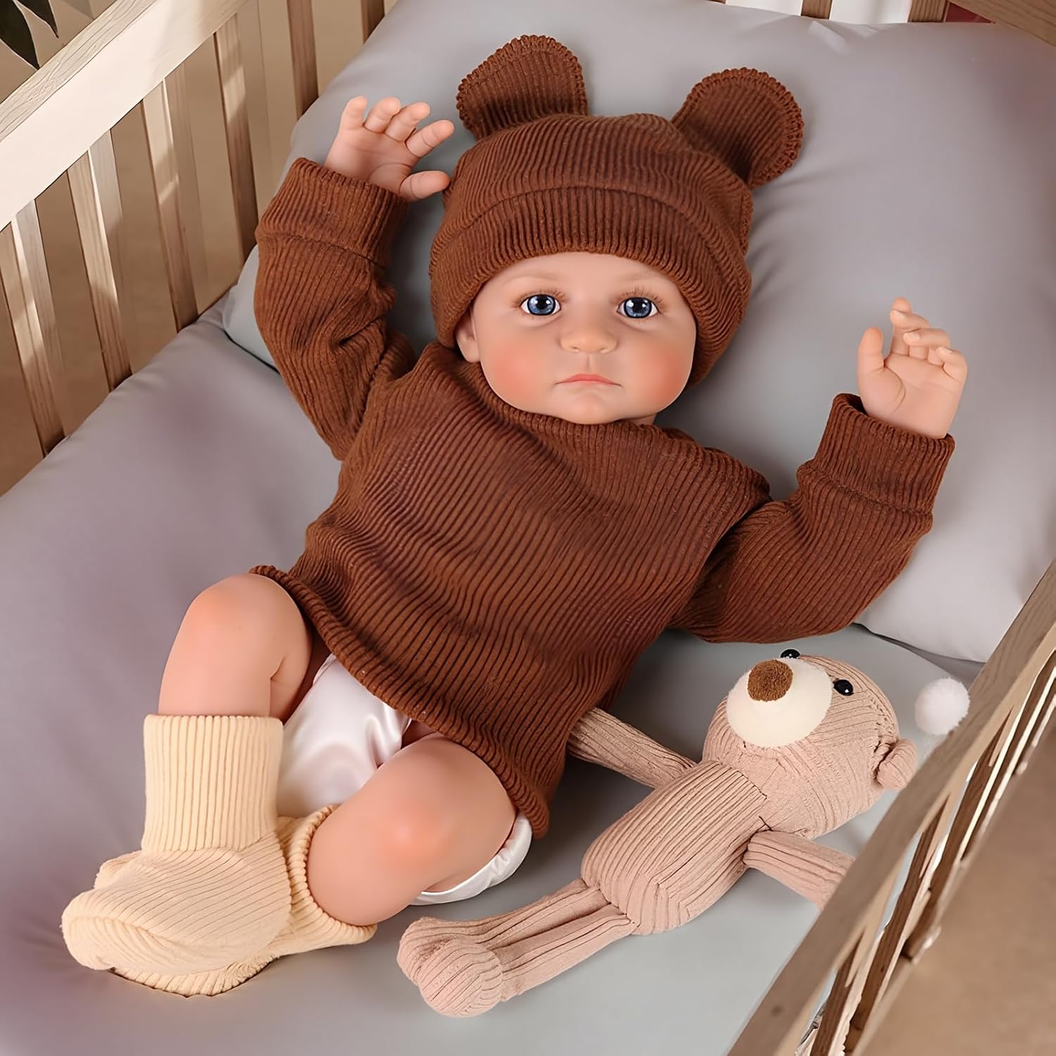 BABESIDE 17 Inch Reborn Baby Dolls, Lifelike Newborn Doll with Soft Cloth Body, Handmade Baby Doll with Bear Hat & Toy, Set Includes Bottle, Magnetic Pacifier, Clothes, Gift for Kids Age 3+