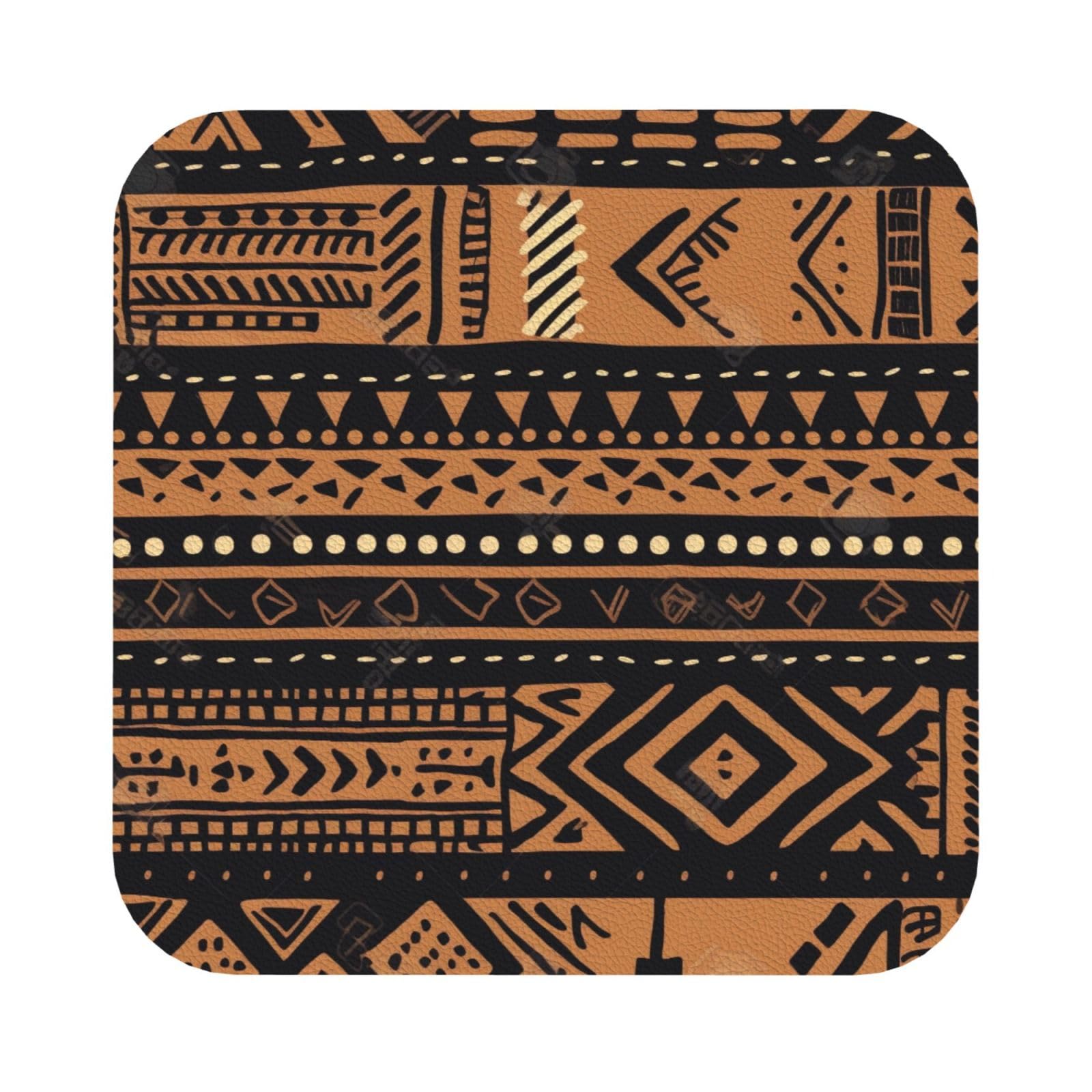 African Mud Cloth Tribal Print Leather Coaster Set of 6, Square Coasters Table Decorative Coffee Cup Beverage Coasters Wine Beer Bar Coasters for Hot Drinks Table Protection