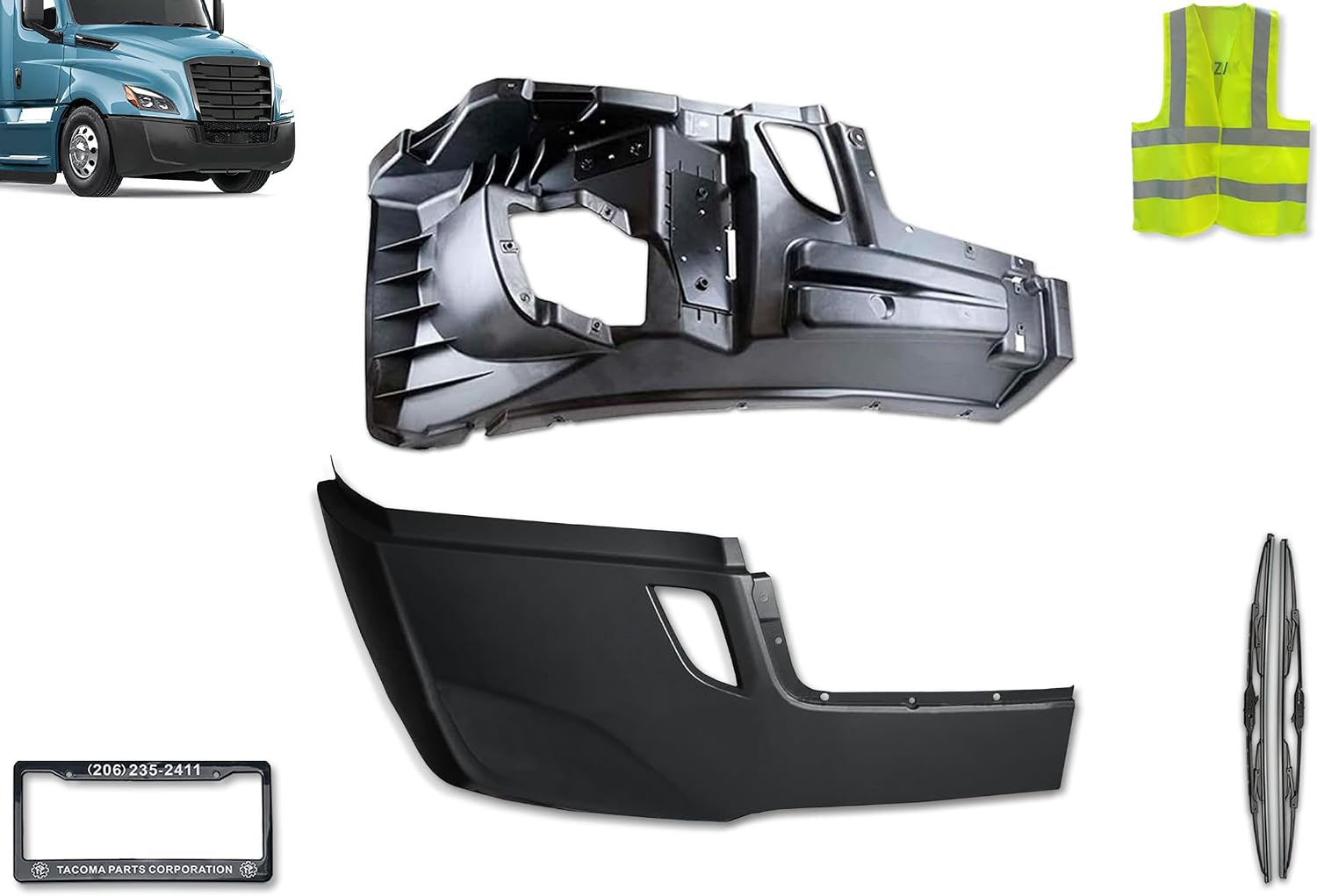 Kozak Compatible with Cascadia 2018+ Bumper Inner Reinforcement & Outer Cover Plastic without Fog Light Hole Passenger Right Side Plus Logo, License Plate Frame, 2x 22" Wipers and Vest