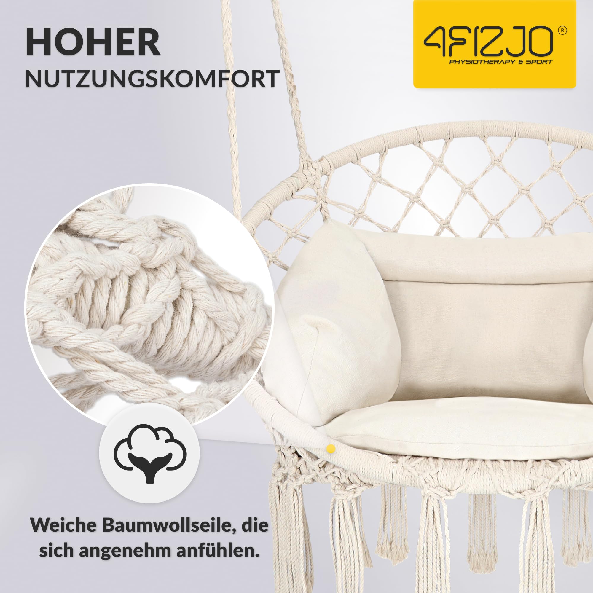 4FIZJO Hängesessel Boho mit Kissen, Makramee hängesessel, Garten schaukel, Hängekorb, Schaukelkorb, Therapieschaukel Kinder, Hängesessel Indoor & Outdoor, Hängesitz, Maximale Belastung 125 kg, Beige