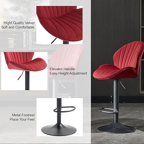 Vista 4 de Juego de 2 taburetes de bar, taburetes de bar ajustables con respaldo y reposapiés, taburetes de bar de terciopelo de diseño moderno con base de Rojo