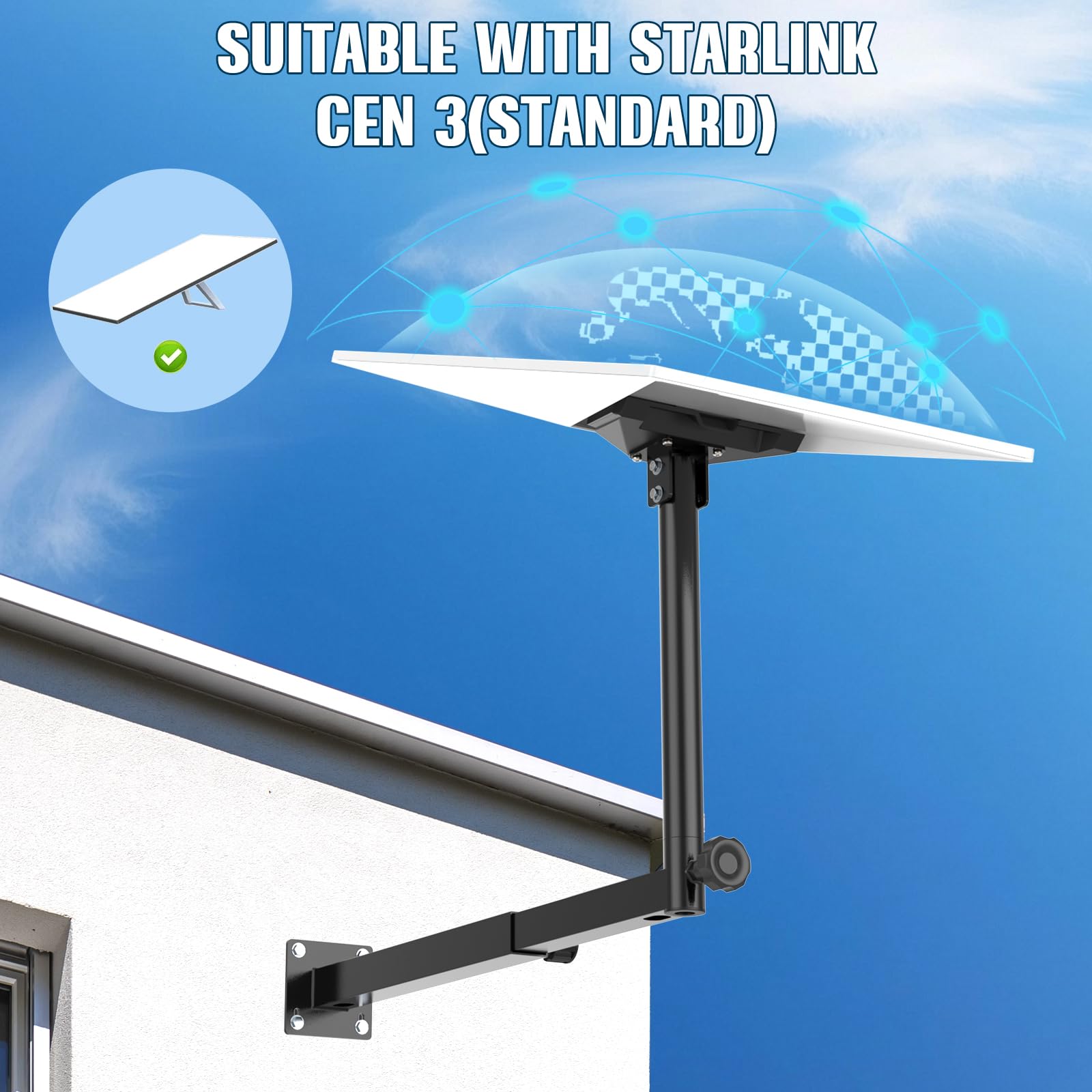 para Starlink Gen 3 Soporte para Aleros Largos, Kit de Montaje Ajustable con Adaptador de Tubo de Acero Resistente para Starlink Kit de Montaje en Pared para Starlink Gen 3