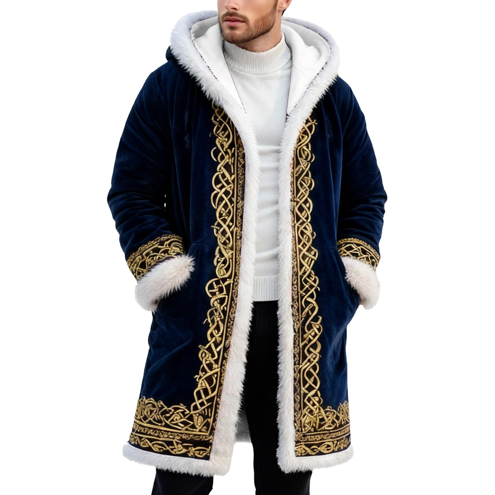 Santa Claus Costume Men's Christmas Costume Men's Funny Christmas Fleece Hoodie Oversize Christmas Jacket Warm Soft Cardigan Festive Party Coat Xmas Hooded Coat with Hood, O Navy, L
