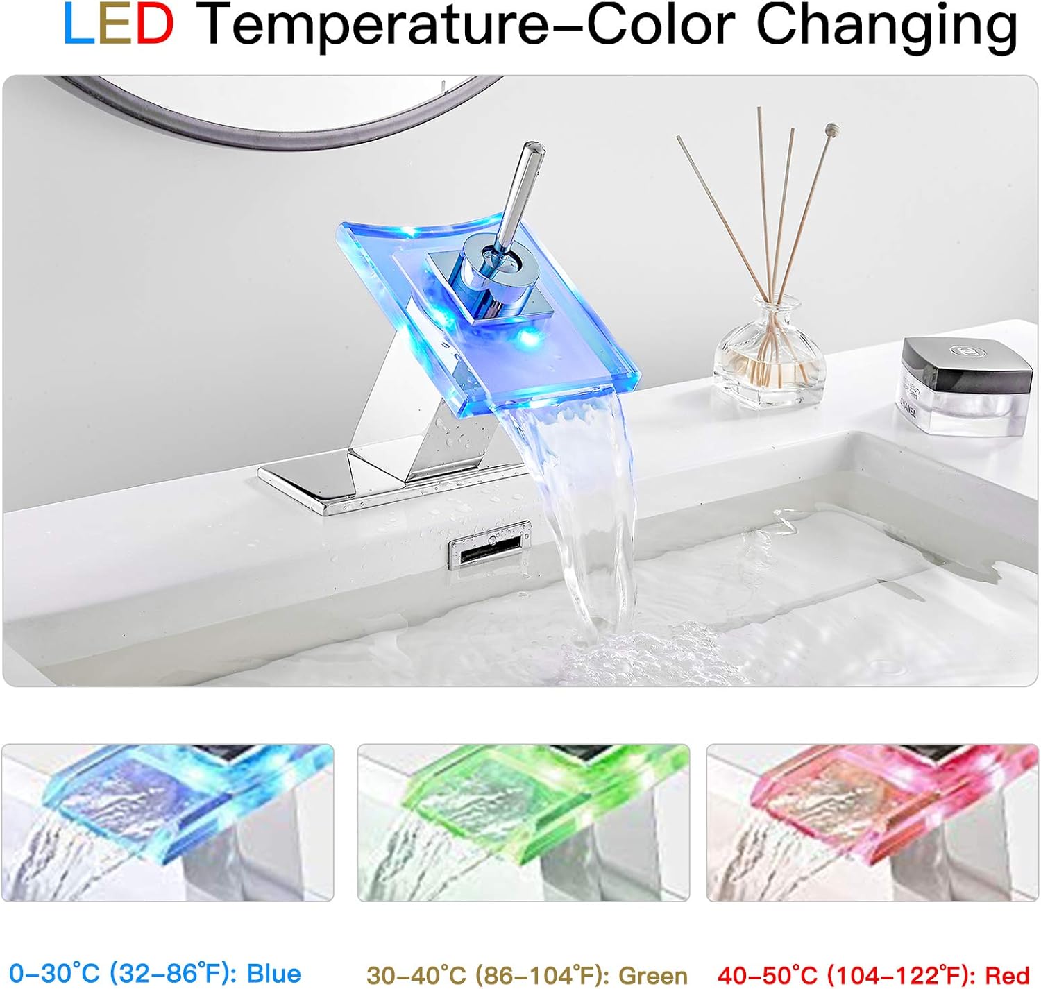Bathroom Faucet LED Light Waterfall 3 Colors Changing Glass Spout Bathroom Sink Faucet Chrome Single Handle One Hole Hot and Cold Water Mixer Lavatory Vanity Basin Mix Tap Deck Mounted Commercial
