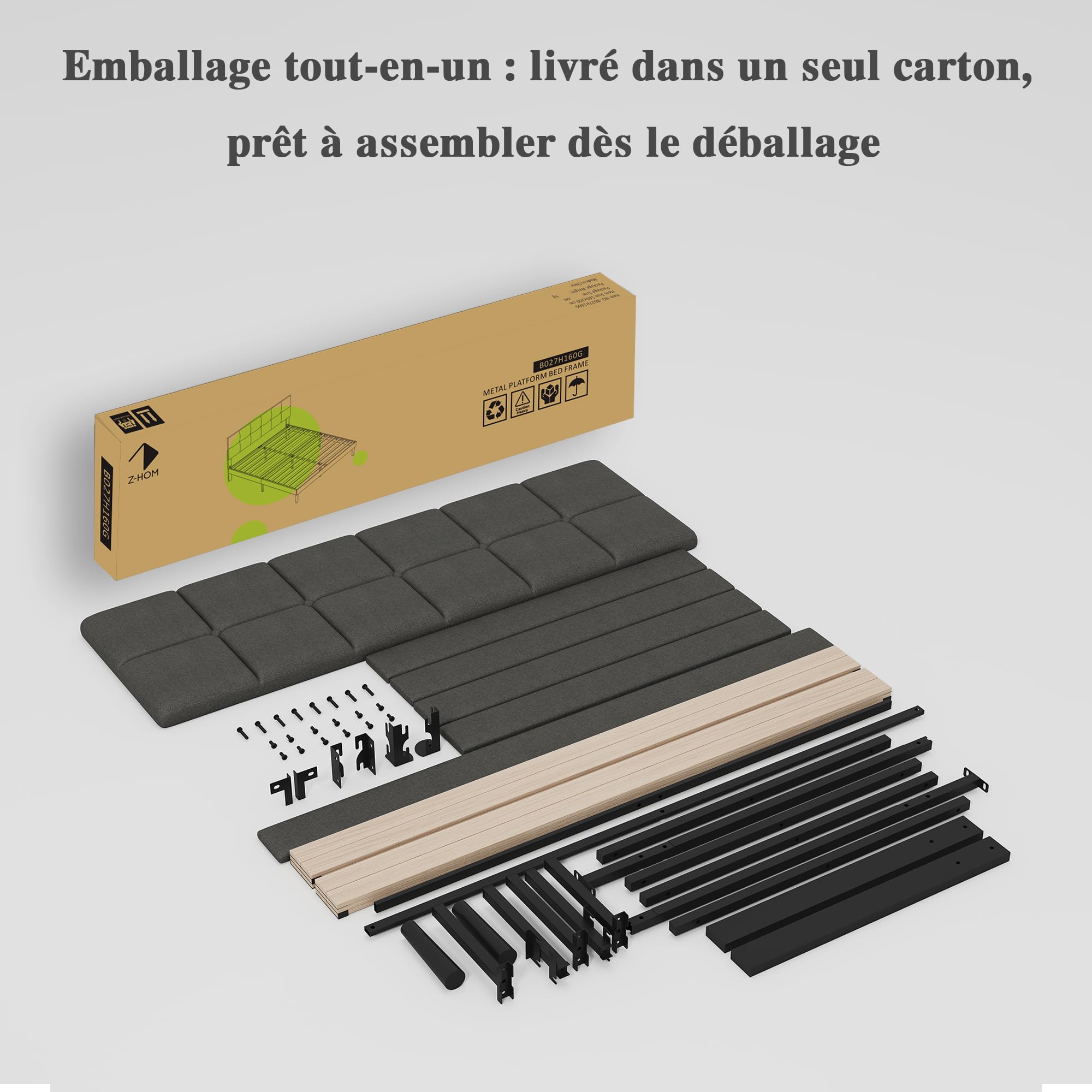 Z-hom Sommier 160x200 cm avec Lattes en Bois, Cadre & Tête de Lit 2 Personnes Tapissier, Montage Facile, Hauteur : 32 cm - Gris Foncé