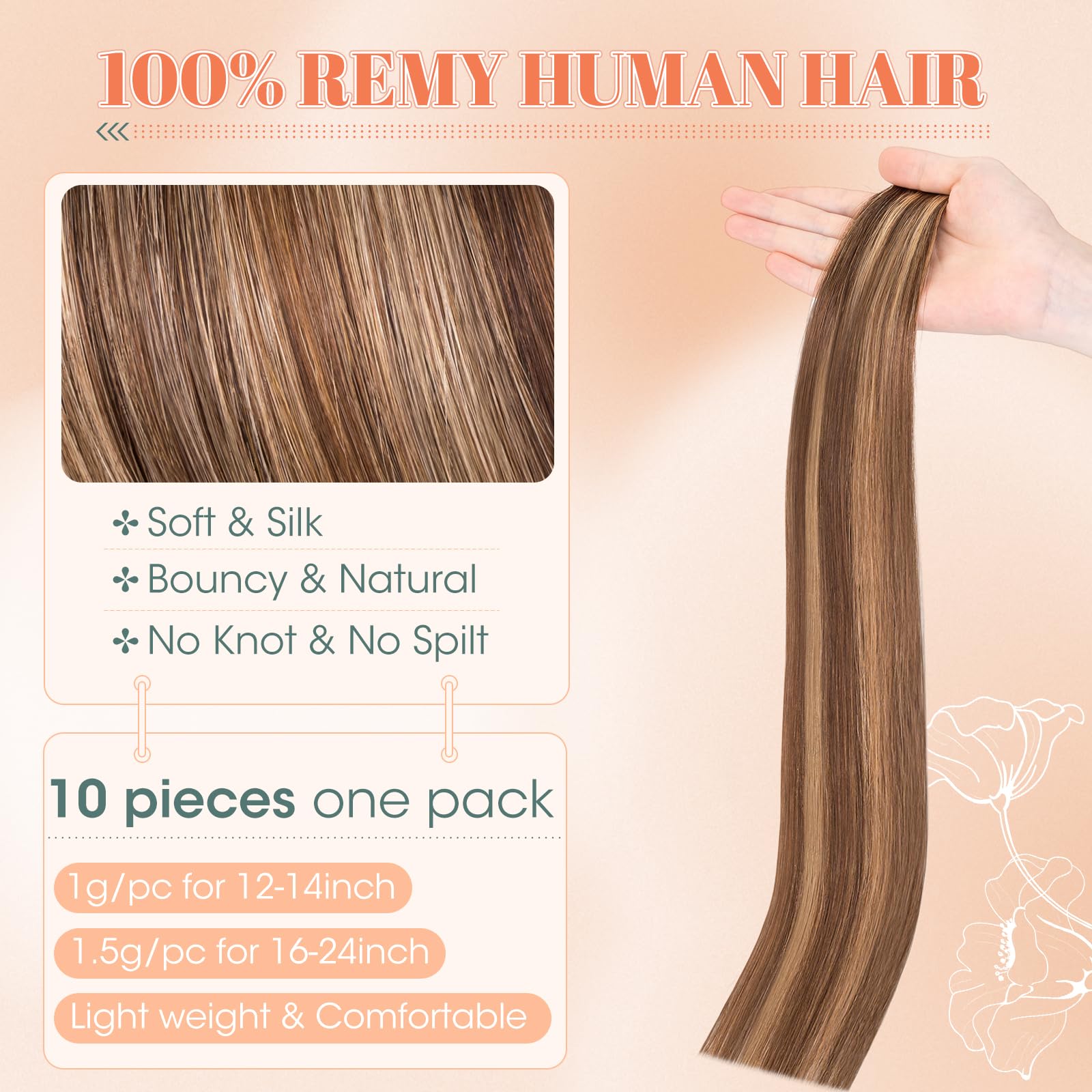 Benehair Tape in Hair Extensions Human Hair Invisible Straight Real Weft Remy #4P27 Medium Brown Mix Dark Blonde Hair Extensions Tape in 10 Inches (10 g) - Image 2
