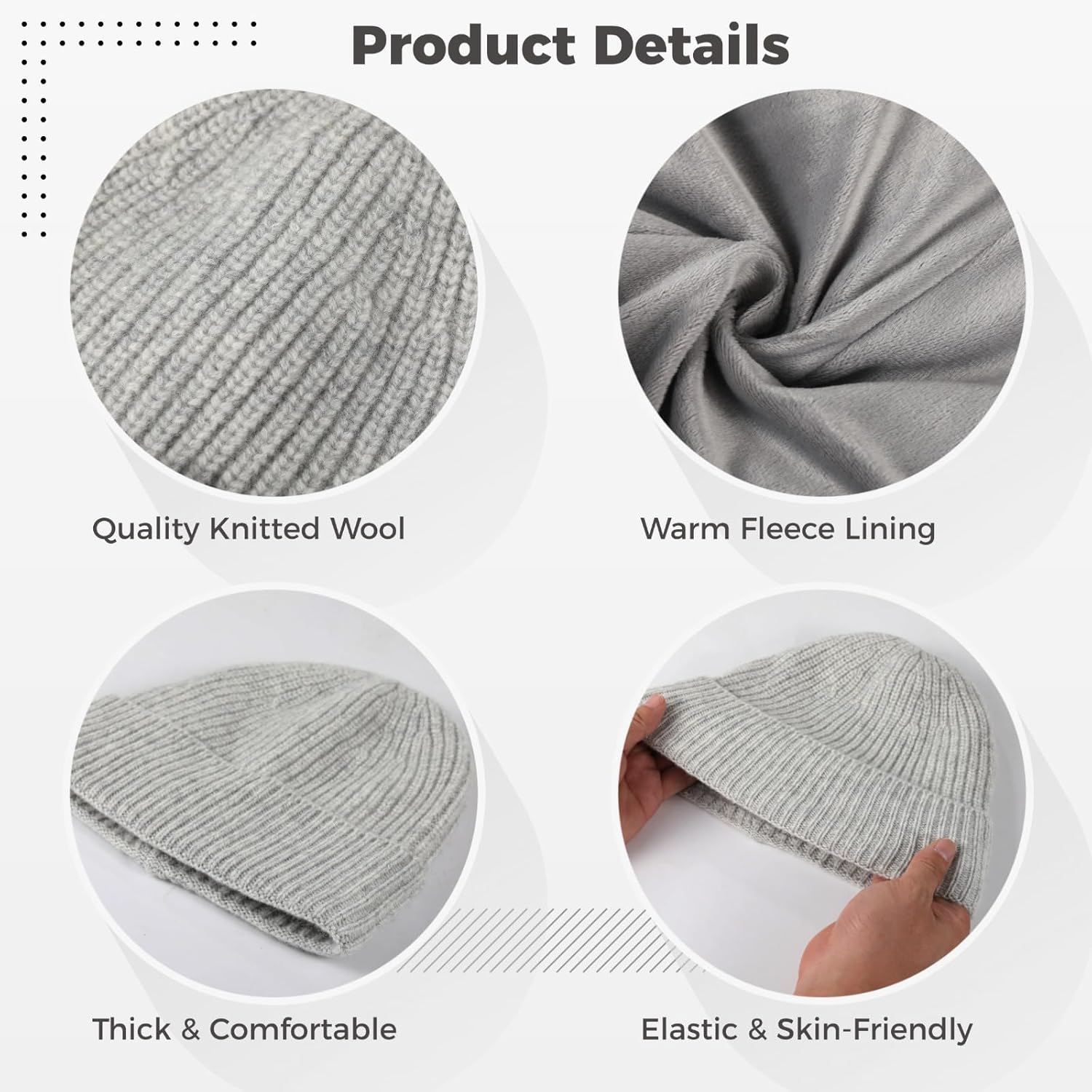 Merino Wool Hat, Winter Warm Hat for Men Women, Soft Skin-Friendly Foldable Ribbed Cuff Hat for Cold Weather, Skiing, Hiking, Commuting, Outdoor Headwear Grey - Image 3