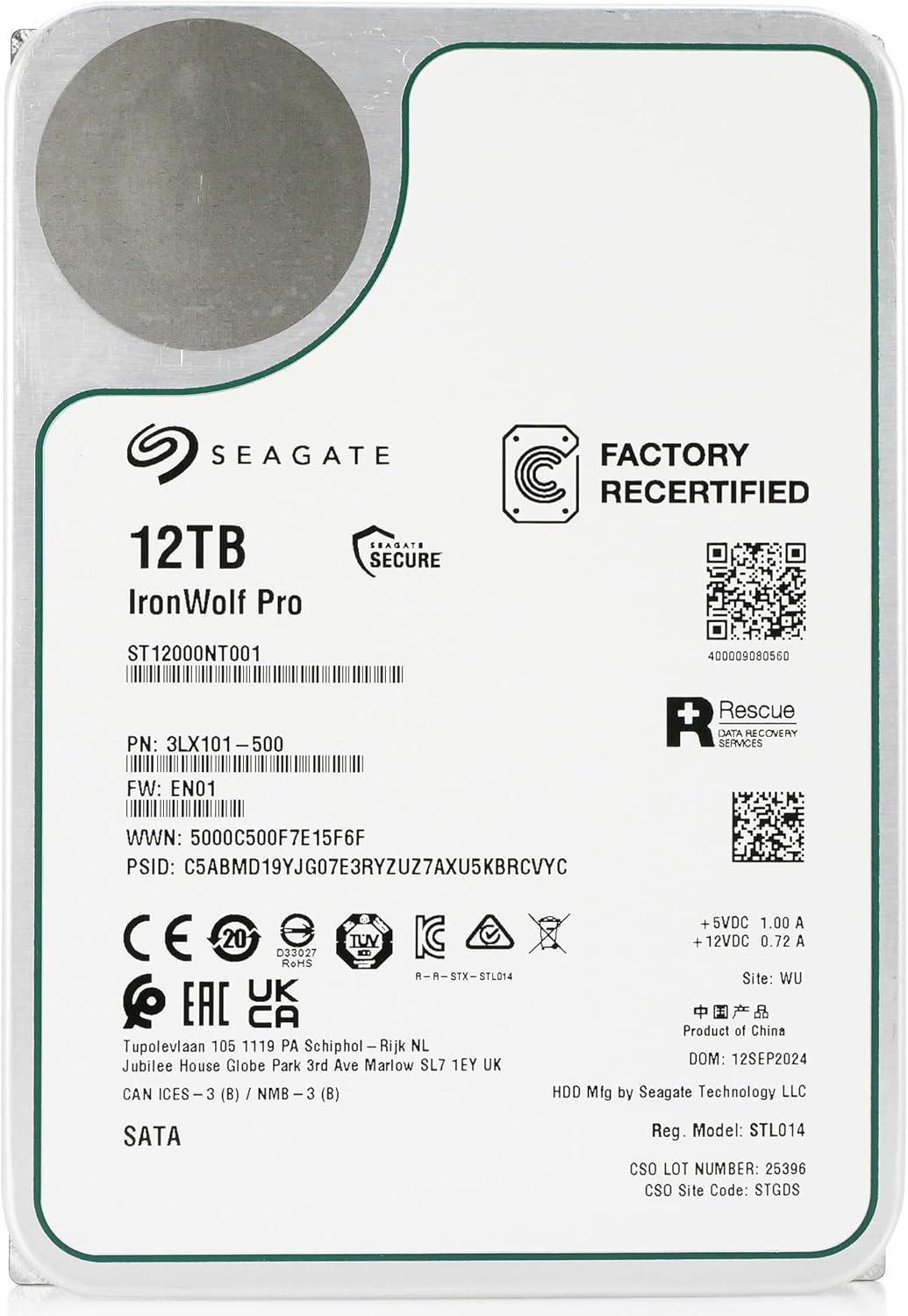 Seagate IronWolf Pro, 12 TB, Enterprise NAS Internal HDD –CMR 3.5 Inch, SATA 6 Gb/s, 7,200 RPM, 256 MB Cache for RAID Network Attached Storage (ST12000NT001) (Renewed)
