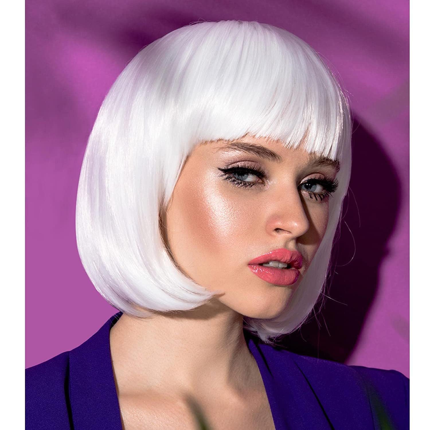 Colorfulpanda Short White Bob Wig with Fringe Fashion Natural Looking Silky Straight Synthetic Heat Resistant Hair Wig for Women Unisex Daily or Party,white