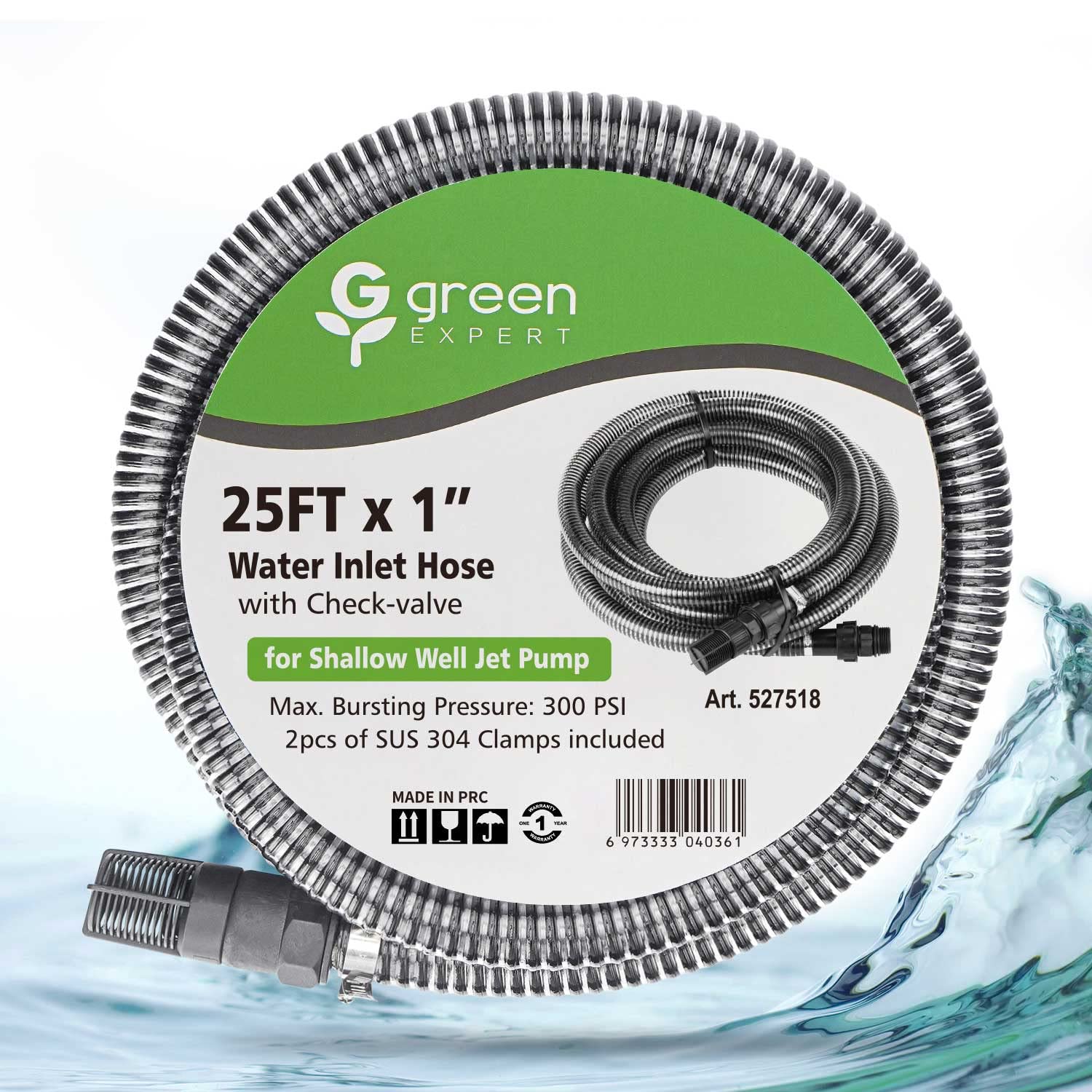 Green Expert - Manguera de entrada de agua de 1 pulgada con válvula de pie para bomba de pozo poco profundo, entrada de nada, tubo de succión de 25 pies de longitud, color negro
