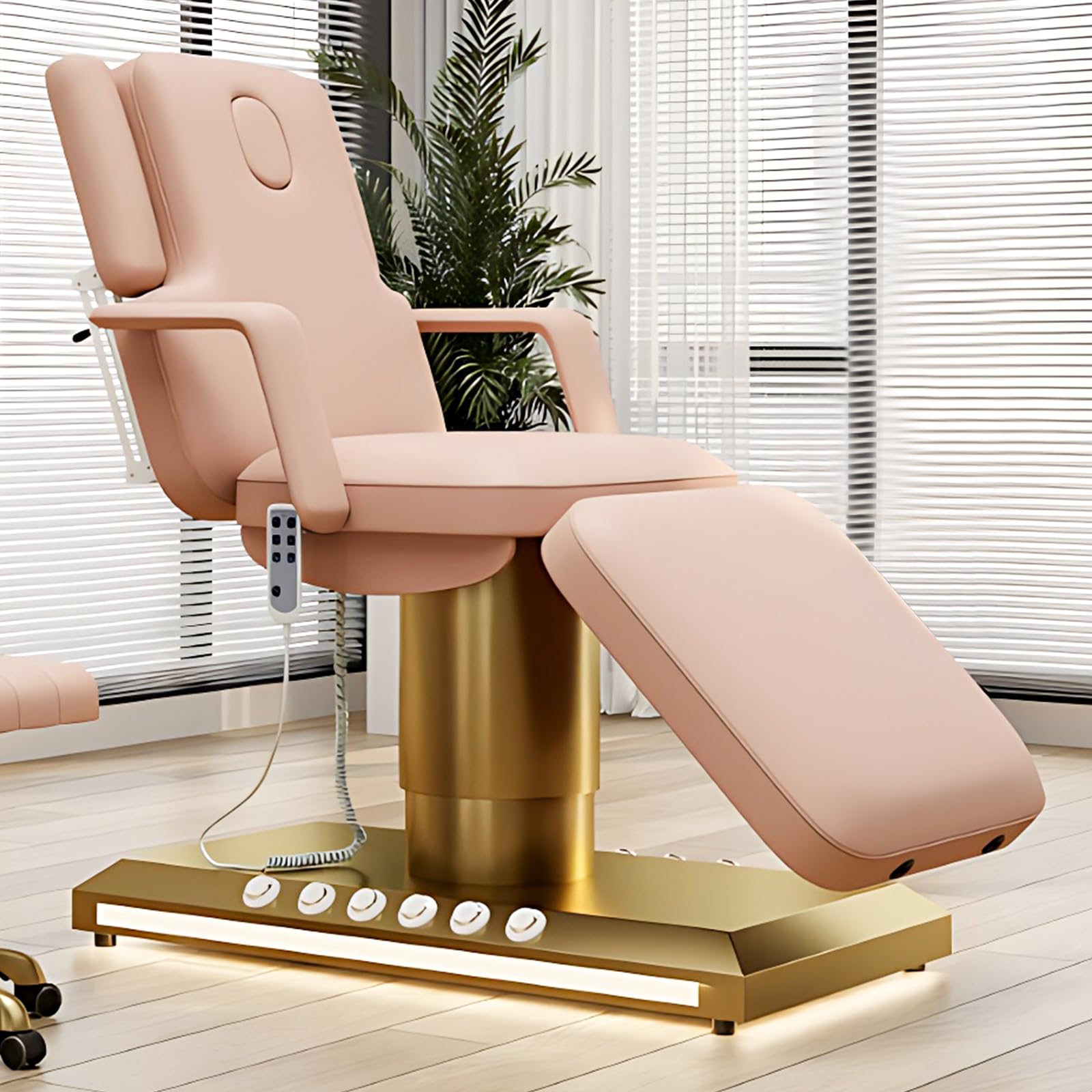 Massage Table-Electric Massage Table with Pink Luxury Modern Style SPA Beauty Bed Includes Multi-Angle Adjustment Liftable Armrests Ambient