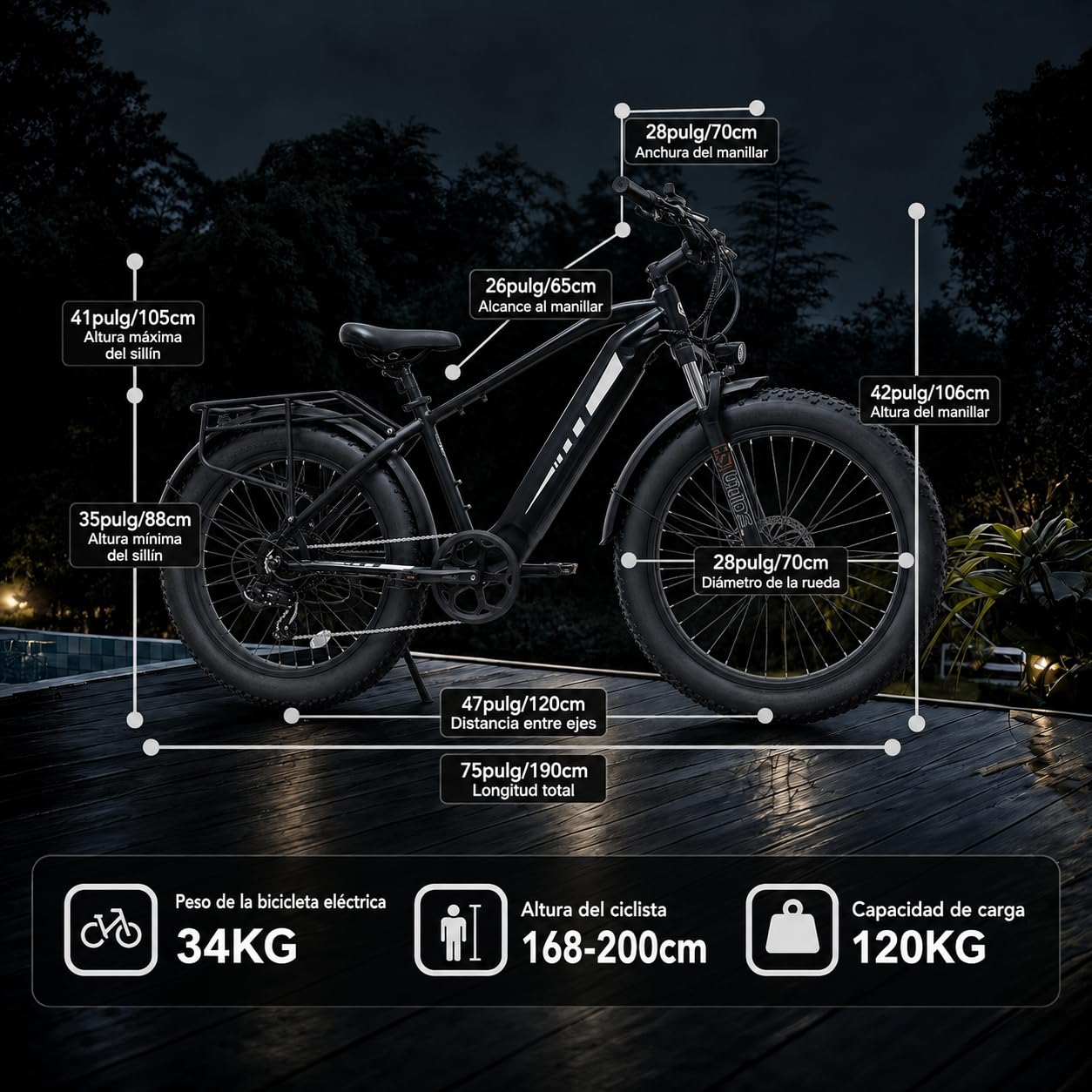 Bodywel D6 Bicicleta Eléctrica, 26x4.0 Fat Bike Bici Electrica Adultos Montaña, Batería de 48V 15Ah, Motor 250W, 7 Velocidades, Horquilla de Suspensión, Frenos de Disco Hidráulicos