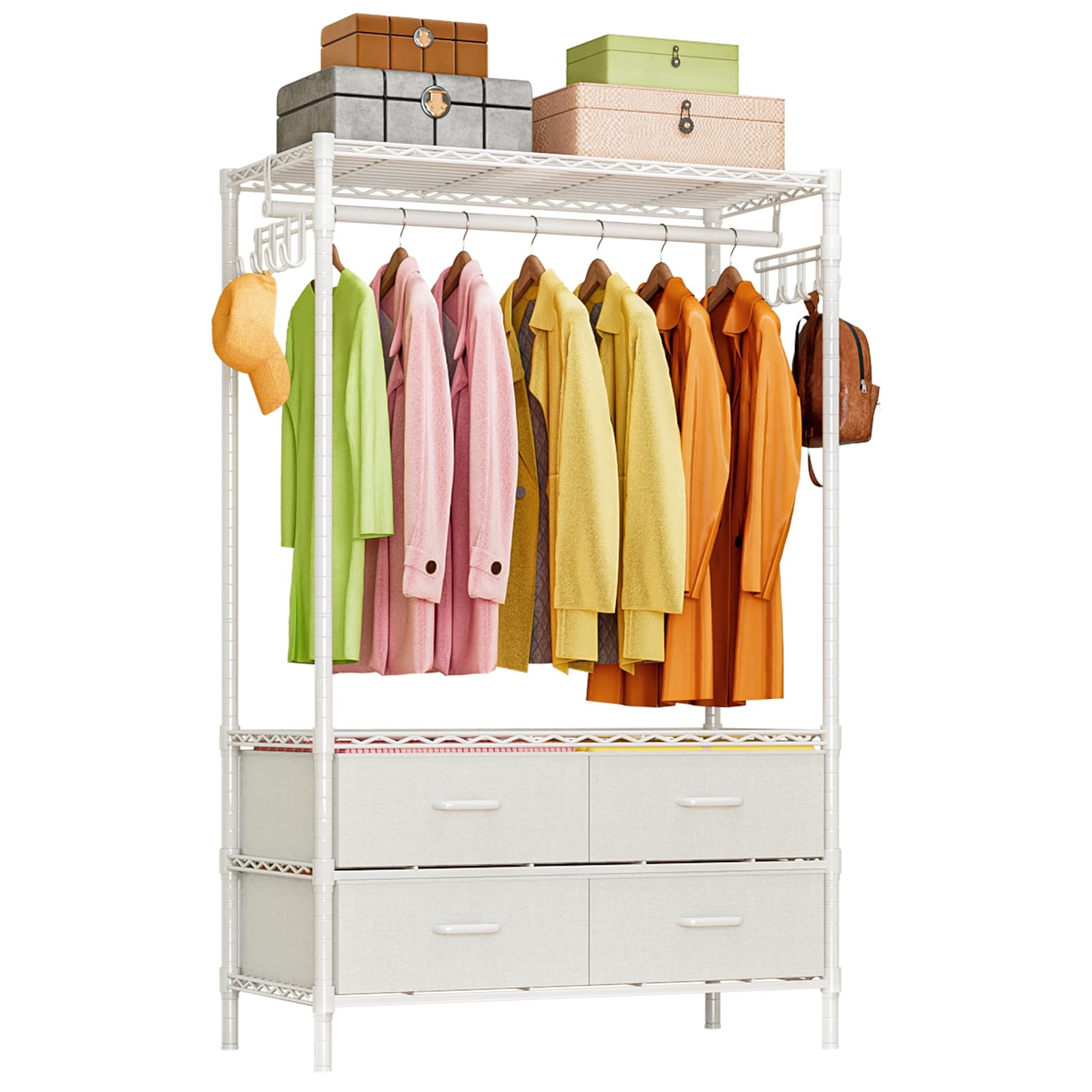 Armario de Ropa de Metal con 4 Cajones y Estantes Ajustables | Blanco, 90 × 40 × 180 cm, Burro de ropa para dormitorio o vestidor