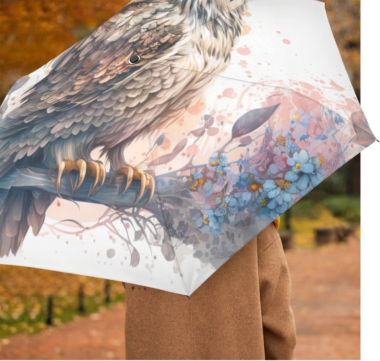Vnurnrn Windproof Travel Umbrella, Portable Compact Automatic Folding Umbrella, Paint Owl Umbrellas for Rain, Men & Women, Uv Protection