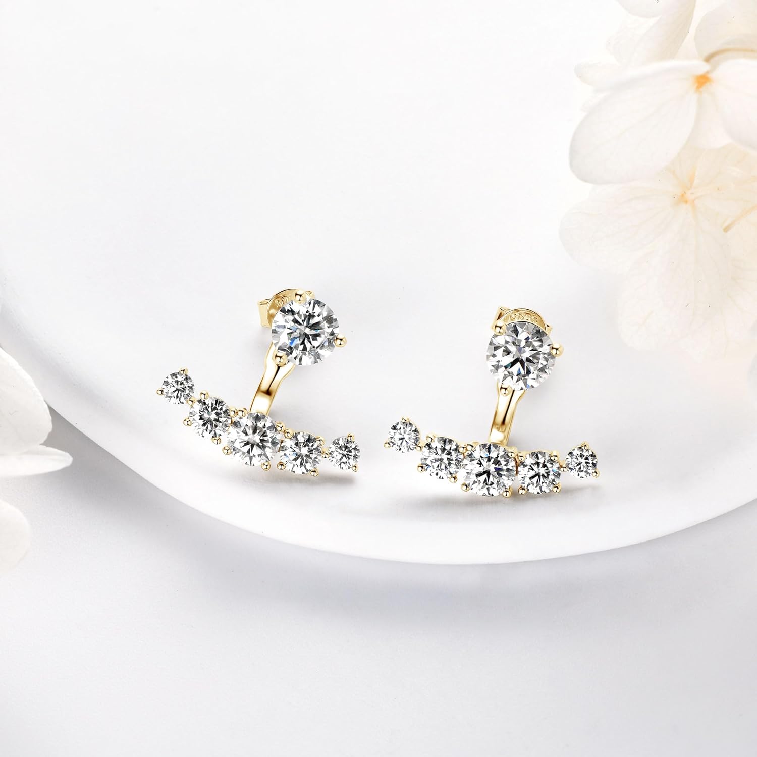 Moissanite Ear Jacket Earrings，Detachable Jackets Two Wearable Stud Earrings for Women, Lab Imitation Diamond 18K White Gold Plated D Color Round Cut 925 Sterling Silver Earrings, GRA Certified
