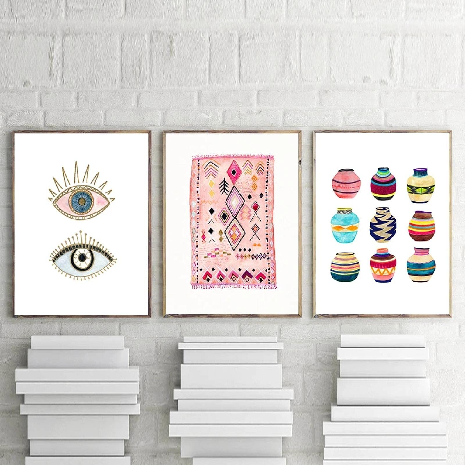 Yooyu Alfombra Arte Pintura Boho Cuadros de Pared Ojo Tribal Canasta Tejida Acuarela Lienzo Arte Impresiones Inicio Bohemia Cartel Decoración de la Pared 50x75cmx3 Marco Interno