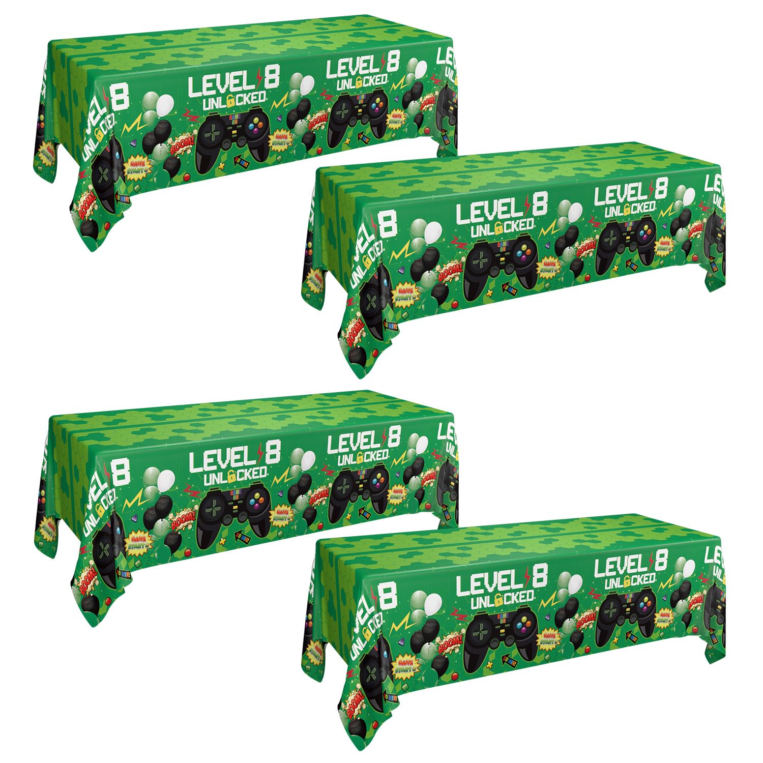 PIXHOTUL 4 Pcs Video Games Party Tablecloths, 8th Birthday Decorations Boy Level 8th Up Green Plastic Table Cover for Boy Level 8 Unlocked Video Game Birthday Party Supplies
