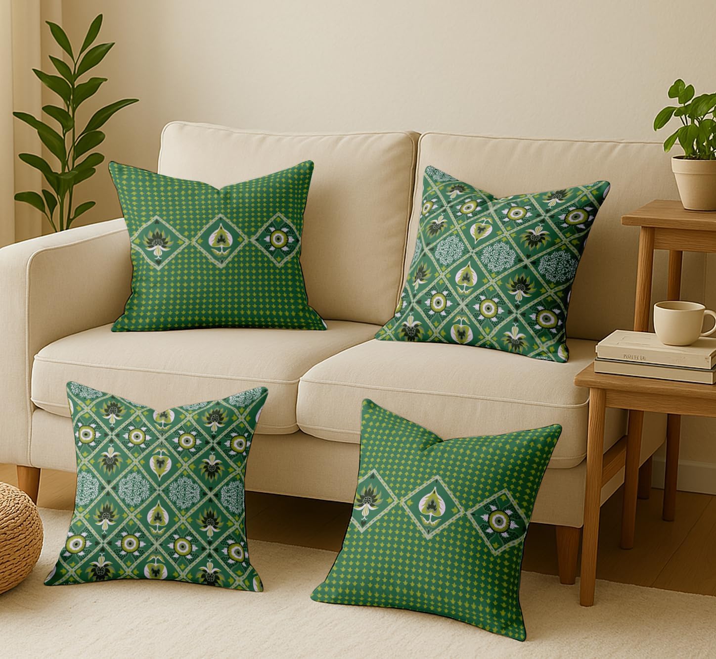 Set of 4 16x16 Cotton Cushion Covers - Decorative Reversible Pillow Covers with Concealed Zipper - Filler Not Included - Block Print, Green
