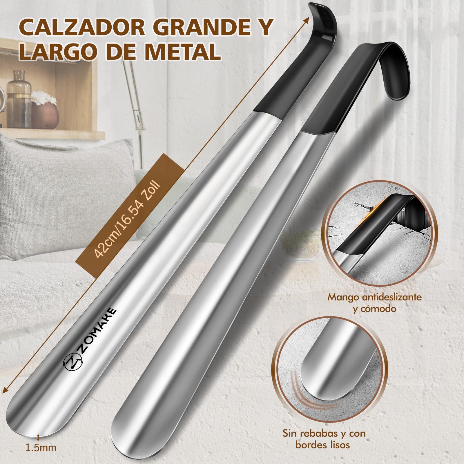 ZOMAKE Calzador de Zapatos Largo 42 cm Metálico, Set de 2, para Personas Mayores y Embarazadas