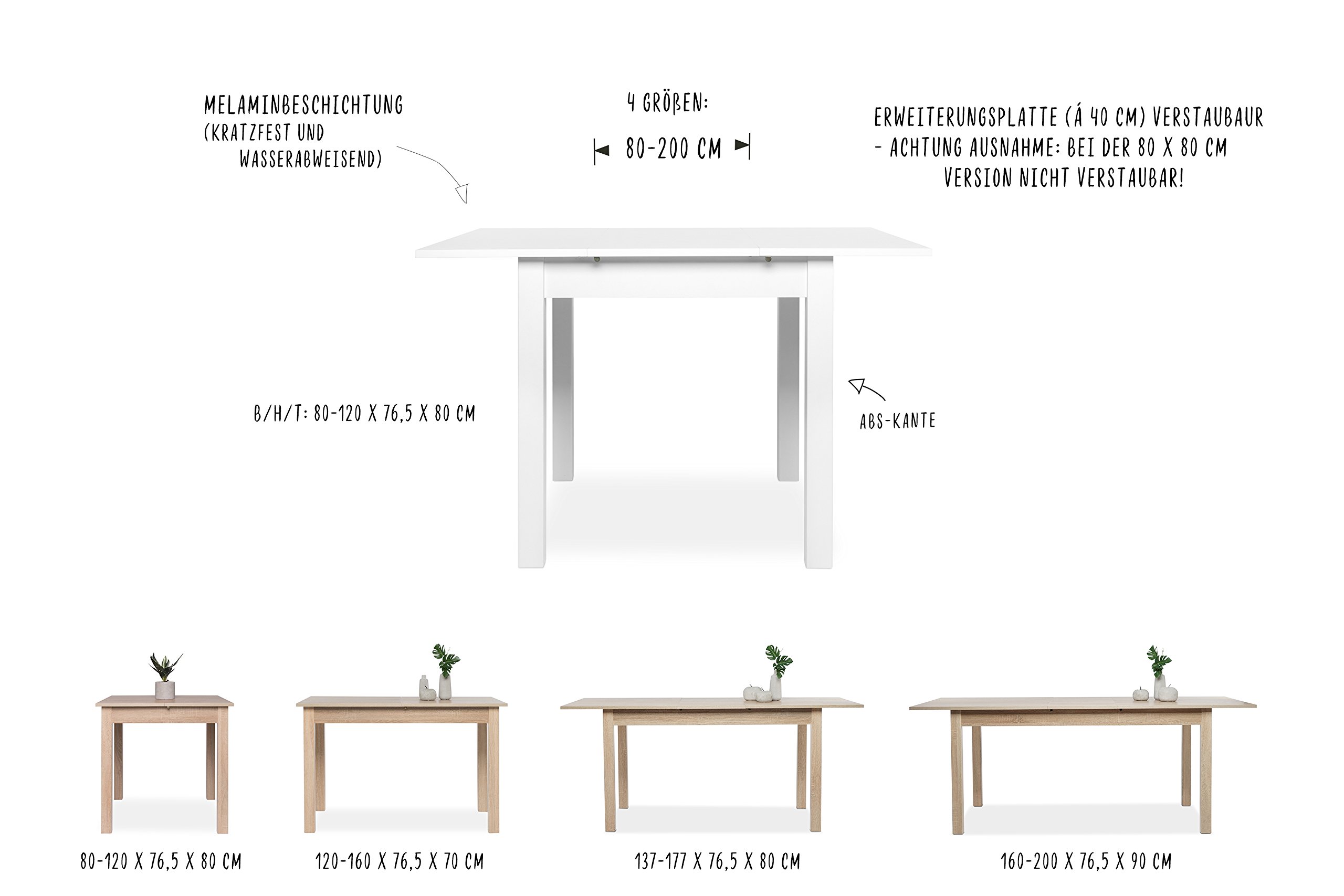 Esstisch Küchentisch (3 Größen wählbar) inkl. erweiterbare Auszugsplatte
