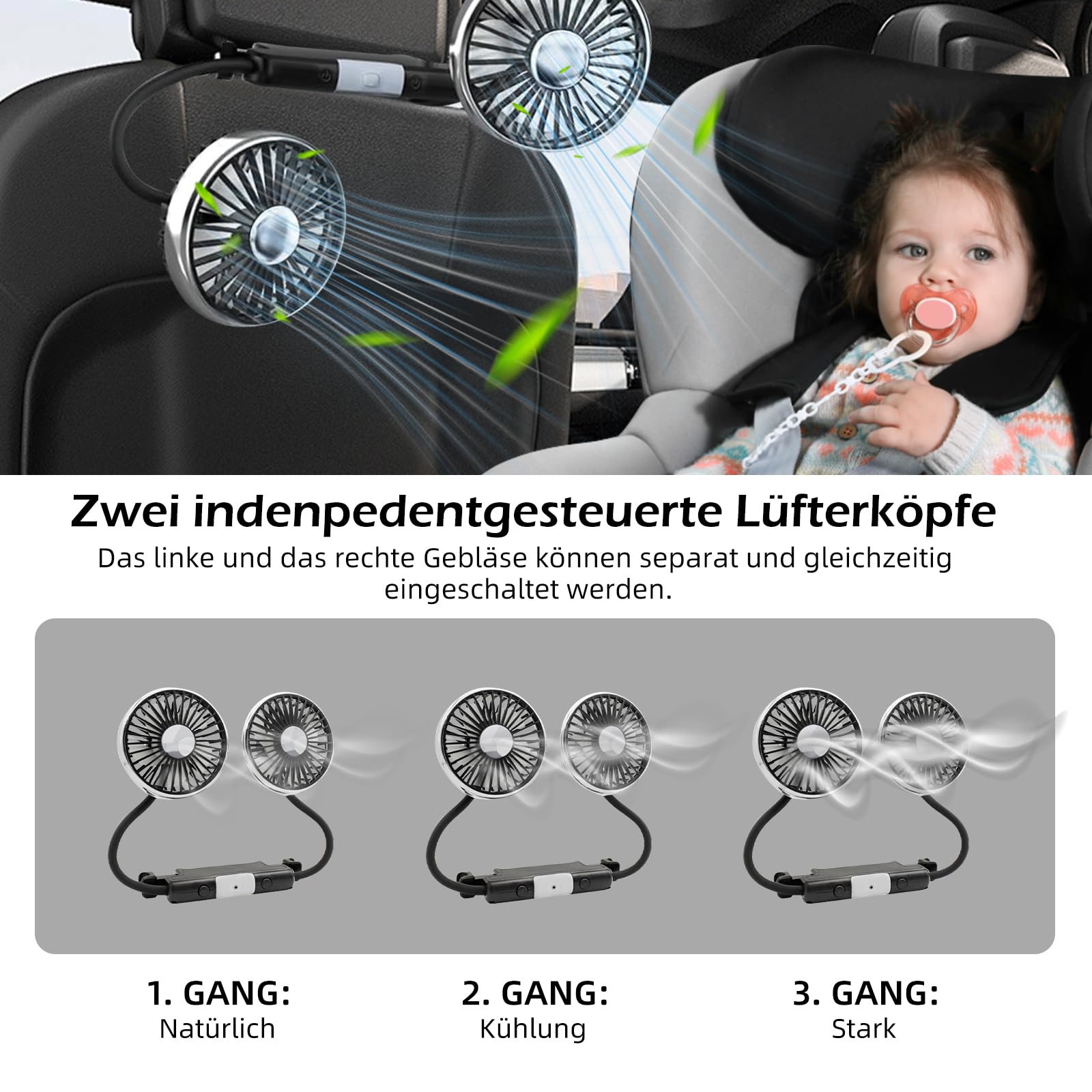 Mini ventilatore USB, doppia testa, girevole a 360°, 3 velocità