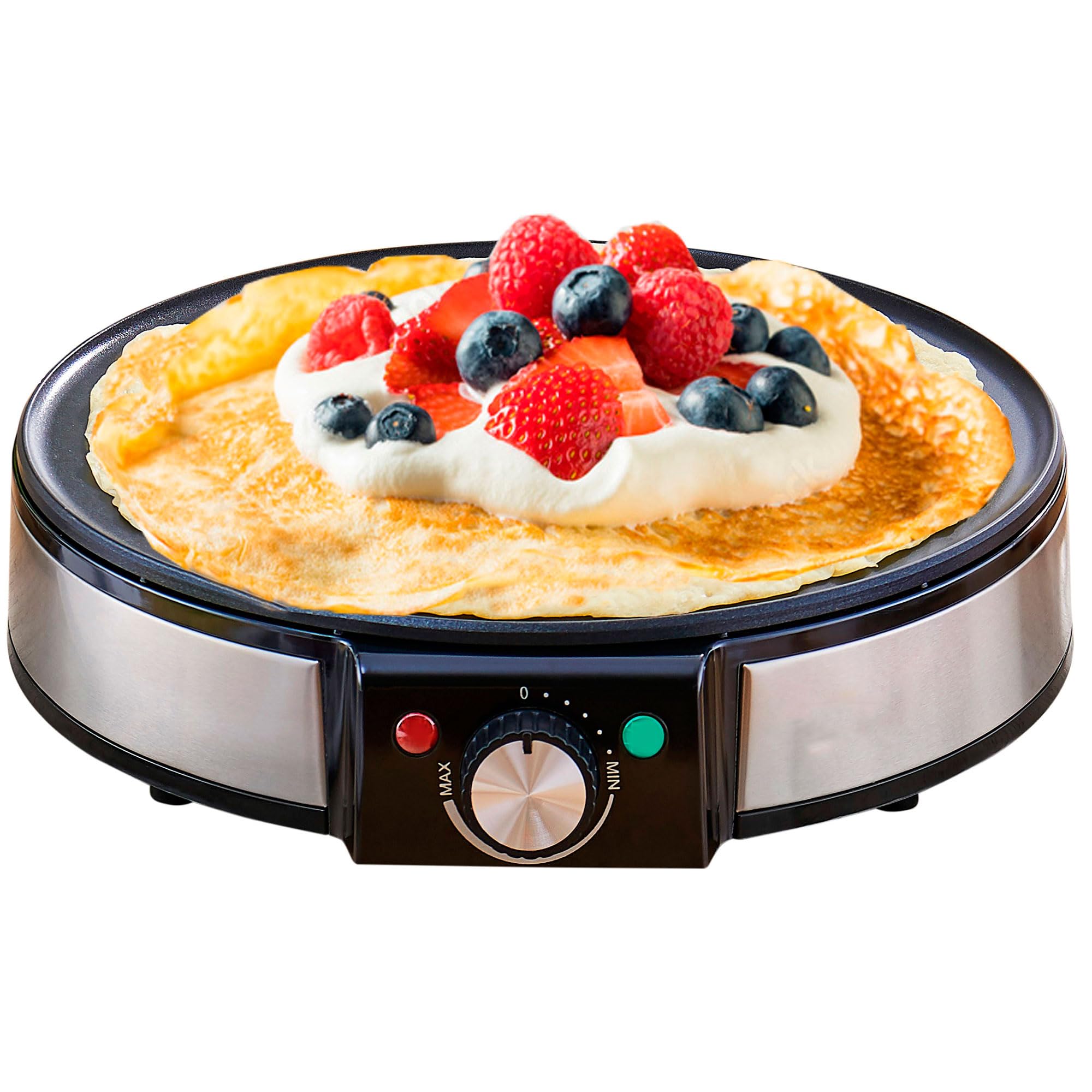briebe CM1137 Crepera, Máquina de hacer Crepes, Tortitas, Panqueques, Plato 30cm de Diámetro, Placa Antiadherente, Temperatura Regulable, 1600 W, Color Negro