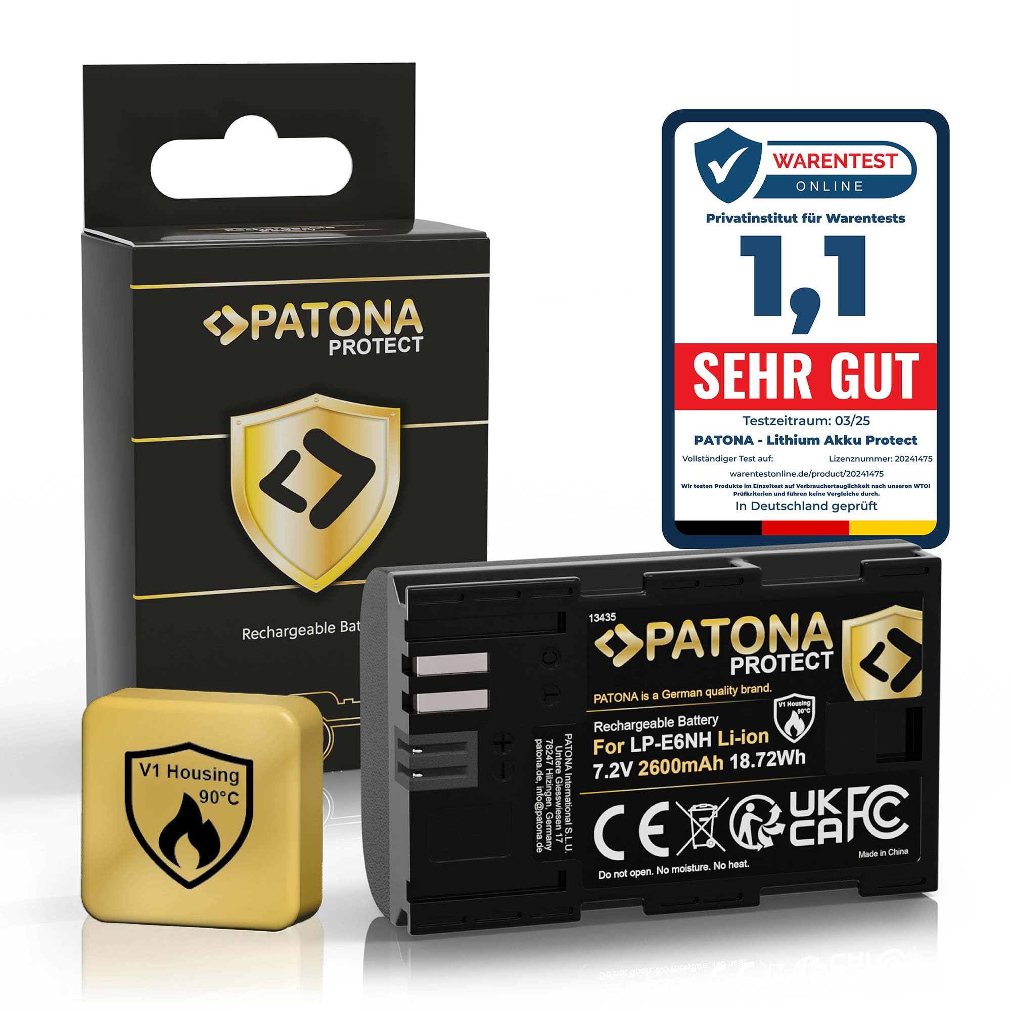 PATONA Protect Batteria LP-E6NH 2600mAh – ricambio per Canon LP-E6 LP-E6N LP-E6NH – compatibile con EOS R5 R6 R6II R7 5D III/IV 6D 7D 90D – sensore NTC e guscio V1 ignifugo