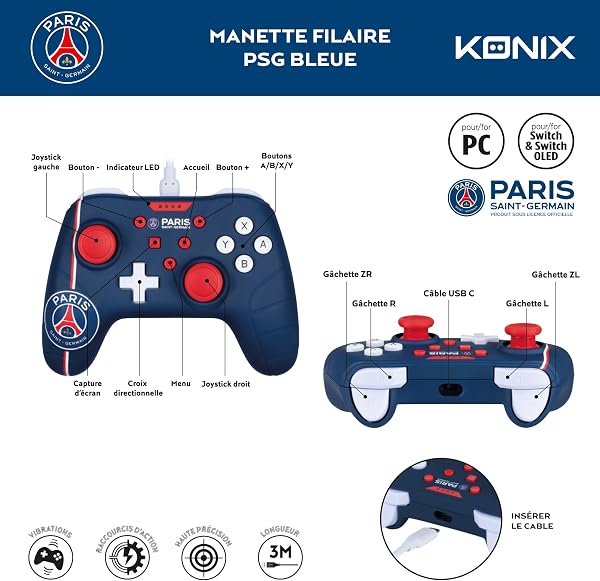 Konix PSG Manette filaire pour Nintendo Switch, Switch 2 et PC - Fonction vibration - Câble 3 m - Bleu, blanc et rouge - 4