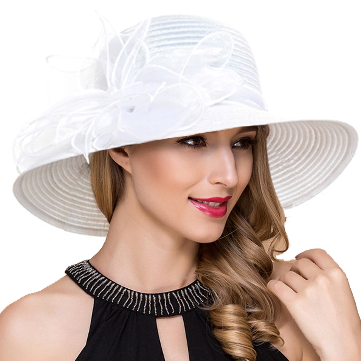 Women Derby Church Dress Cloche Hat Fascinator Floral Tea Party Wedding Bucket Hat S052 (White)