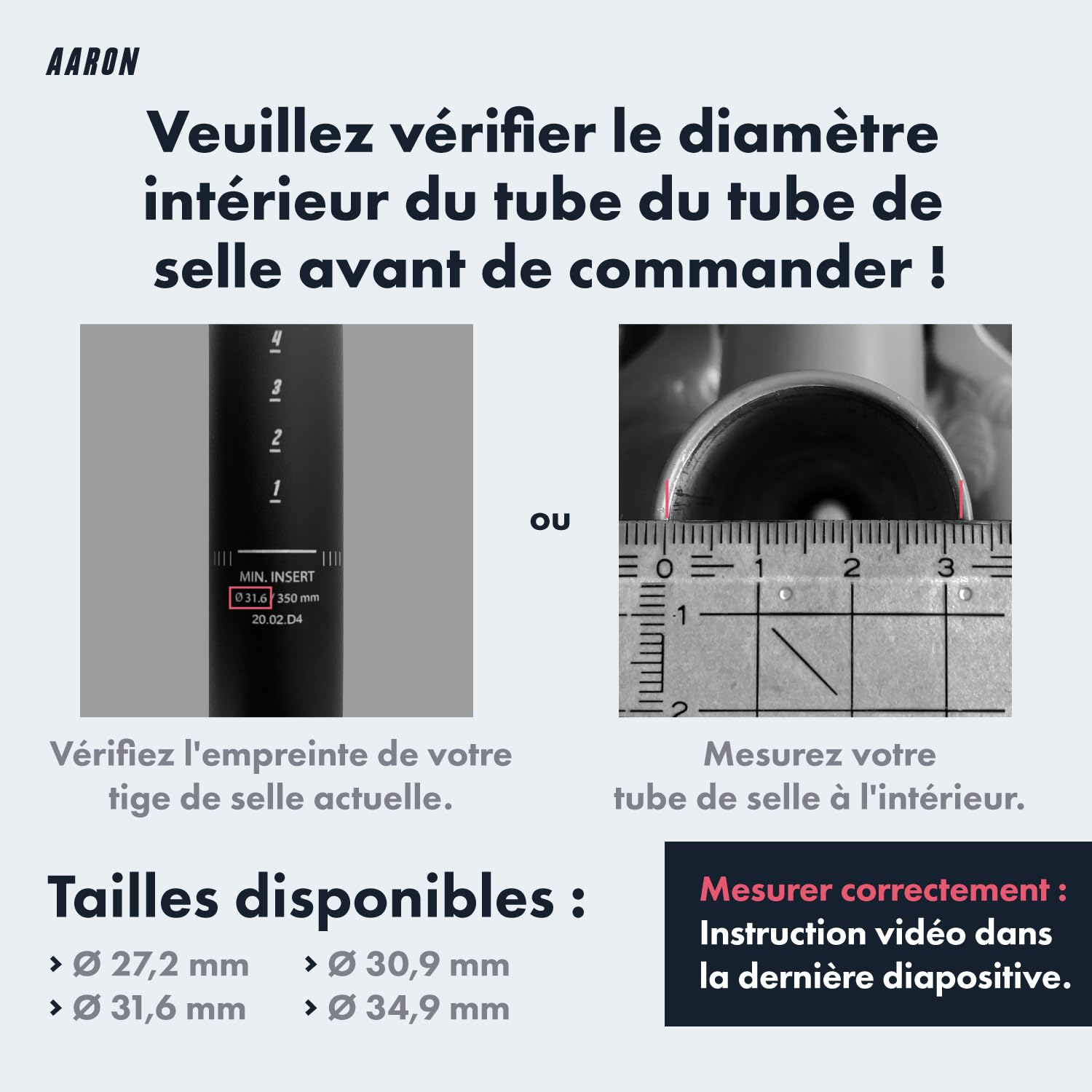 AARON - Tige de Selle de vélo Suspendue à Ressort - Aluminium - pour vélo électrique/VTT/VTC/vélo de Ville/Autre - Noir - diamètre 27,2mm, 30,9mm, 31,6mm / Longueur 350 mm