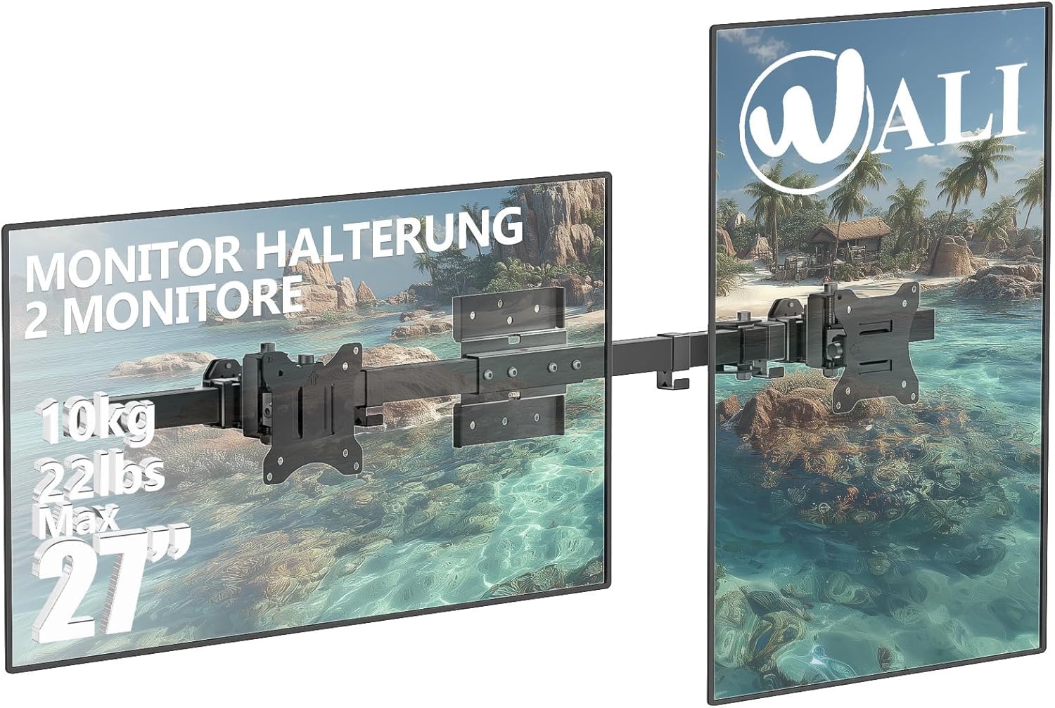WALI Dual Monitor Wandhalterung,Monitor WandHalterung 2 Monitore bis 27 Zoll-Schwenkbar & Neigbar,VESA 75x75/100x100mm (012ARM),Schwarz