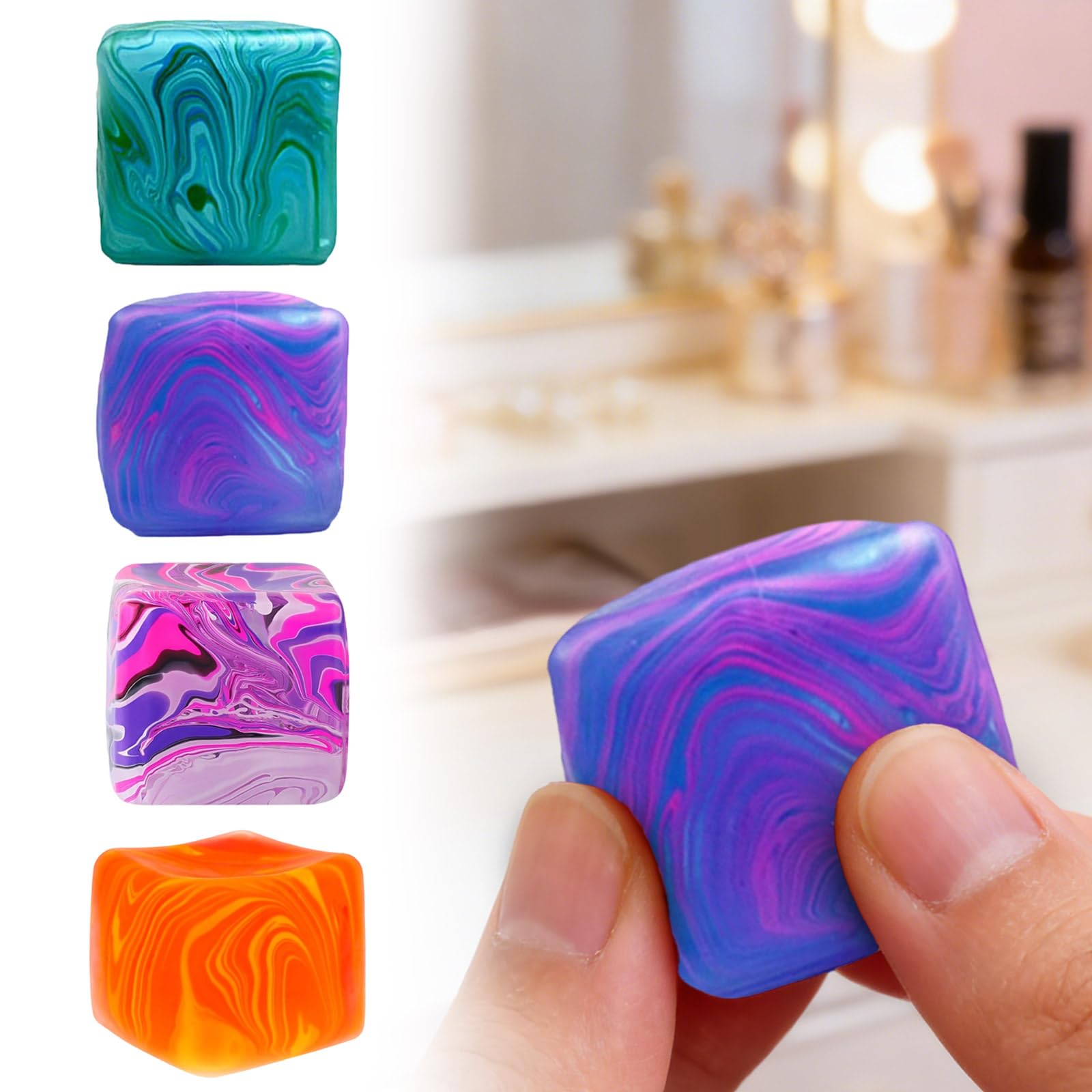 Squishy Fidget Stress Cube,Colorful Ice Cube Squishy Balls,Sensory Stress Relief Fidget Cubes With Malt Sugar Filling,Anxiety Ice Squishy Cube Sugar Balls,Gifts for Adult (4PCS, 3x3x3cm) — image 1