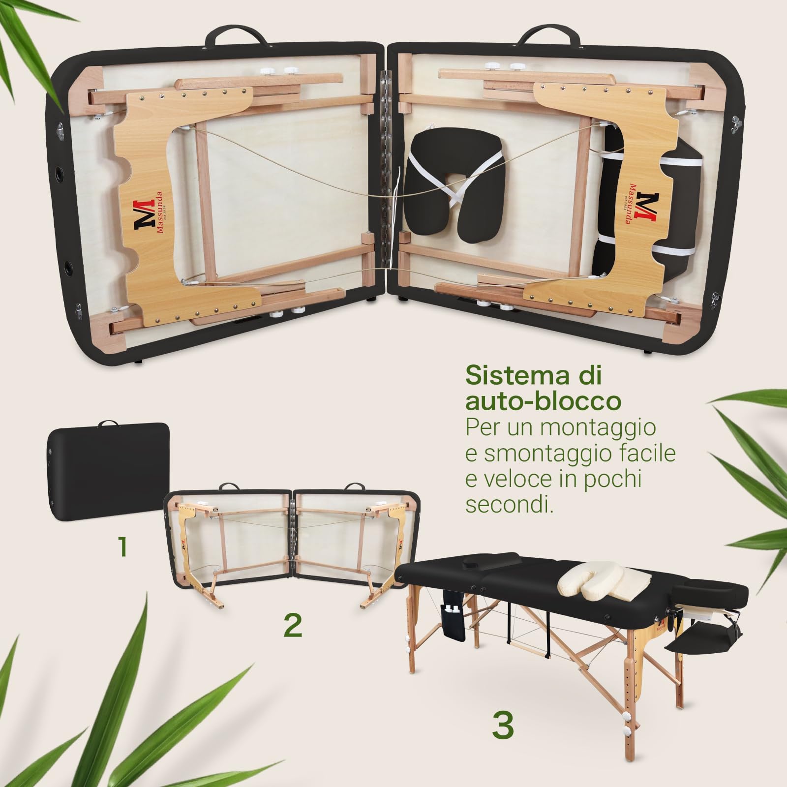 MASSUNDA - Lettino massaggio mobile Comfort Deluxe regolabile in altezza - tavolino massaggio EXTRA largo legno massiccio - panchina con poggiatesta ergonomico, copertura, bracciolo, cuscino (nero)