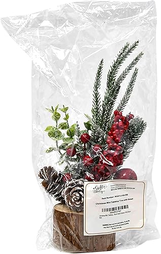 Miniatura 8 de GIft Boutique Mini árbol de mesa de Navidad con pequeño cono de pino artificial decorativo bayas adornos base de madera, decoración de fiesta