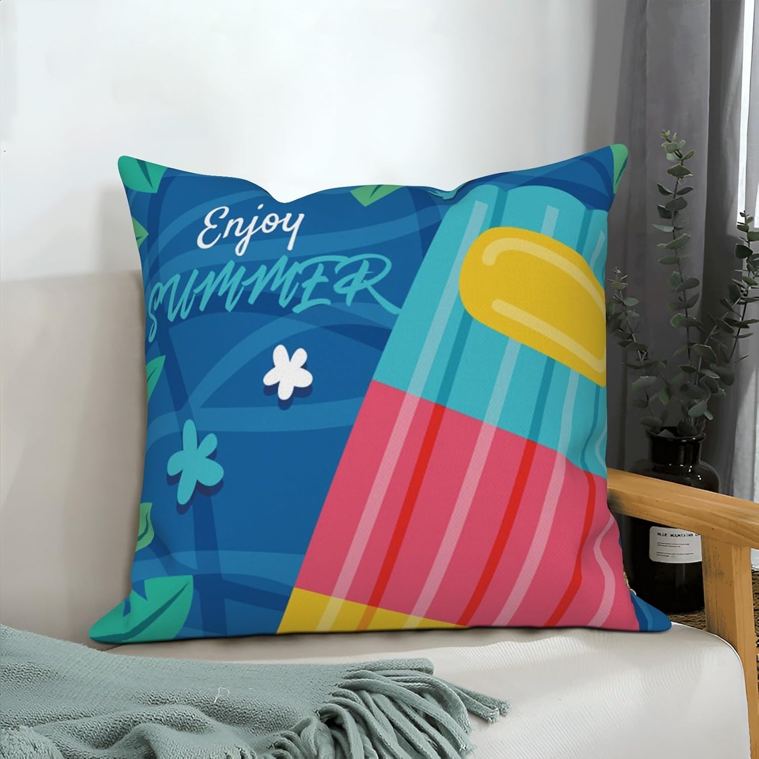 4 Pcs/Set Summer Throw Pillow Covers Summer Watermelon Rainbow Popsicle Ball Green Leaves Minimalist Resort Linen Body Pillow Cover for Couch Sofa Bedroom Decorative, 24"x24"