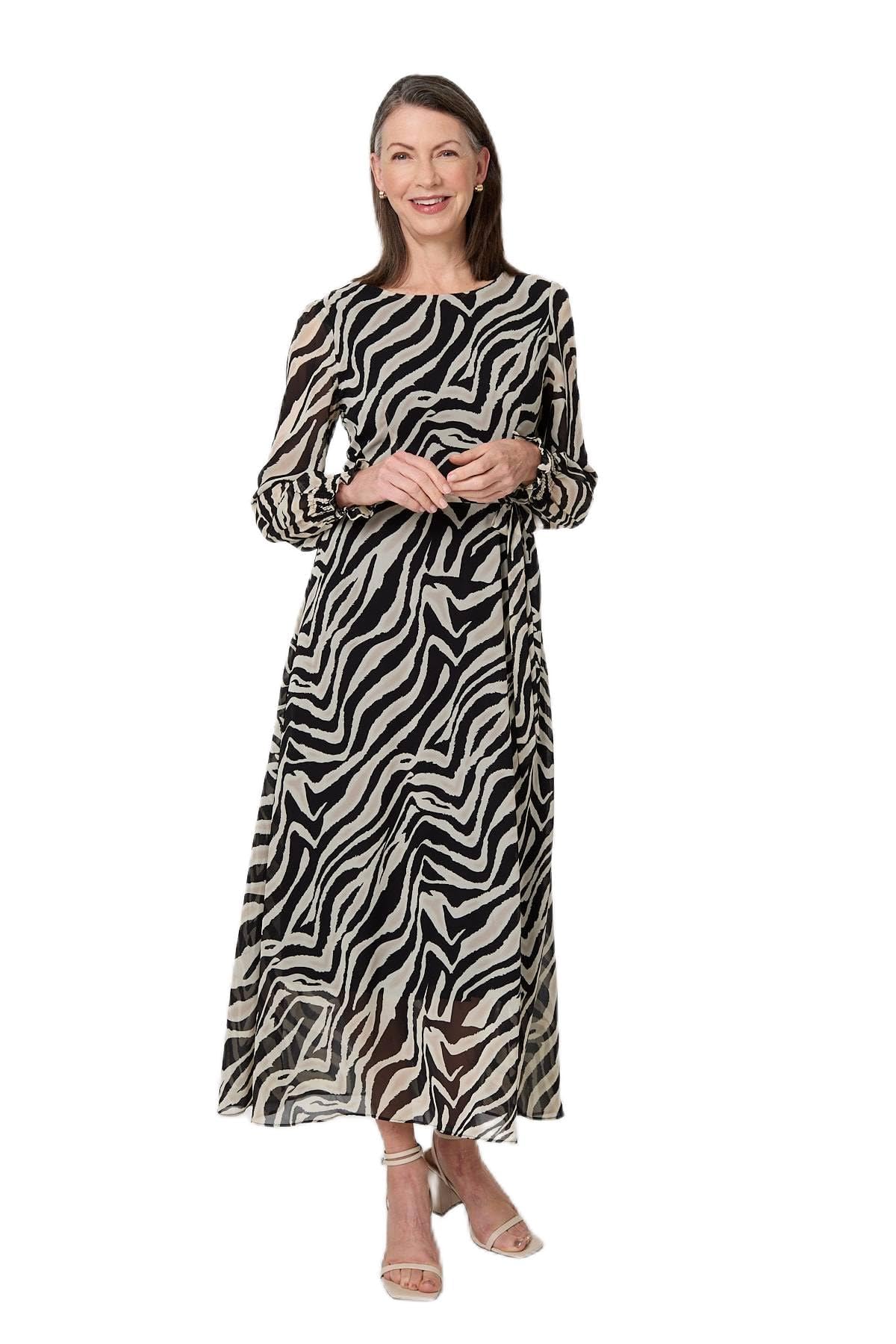 Izabel London Women's Black Zebra Print Layered Tie Waist Maxi Dress For Uk With A Round Neck And Long Sleeves.
