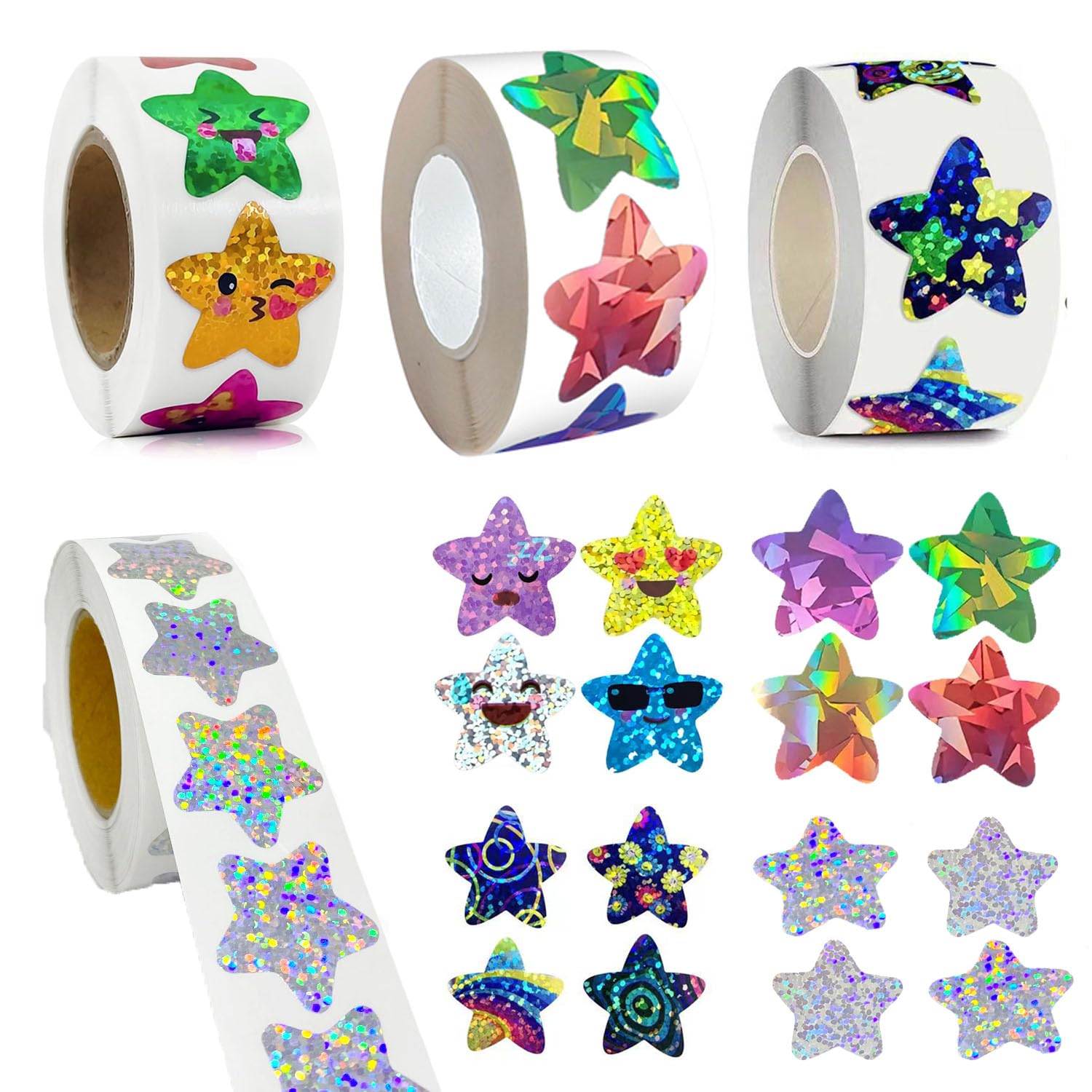 2000Pcs Motivational Stickers for Kids 4 Roll Stickers Animals Cartoon Designs for Children Reward Stickers Teacher Stickers 2.5cm for Children Students Teachers Classroom (Star)