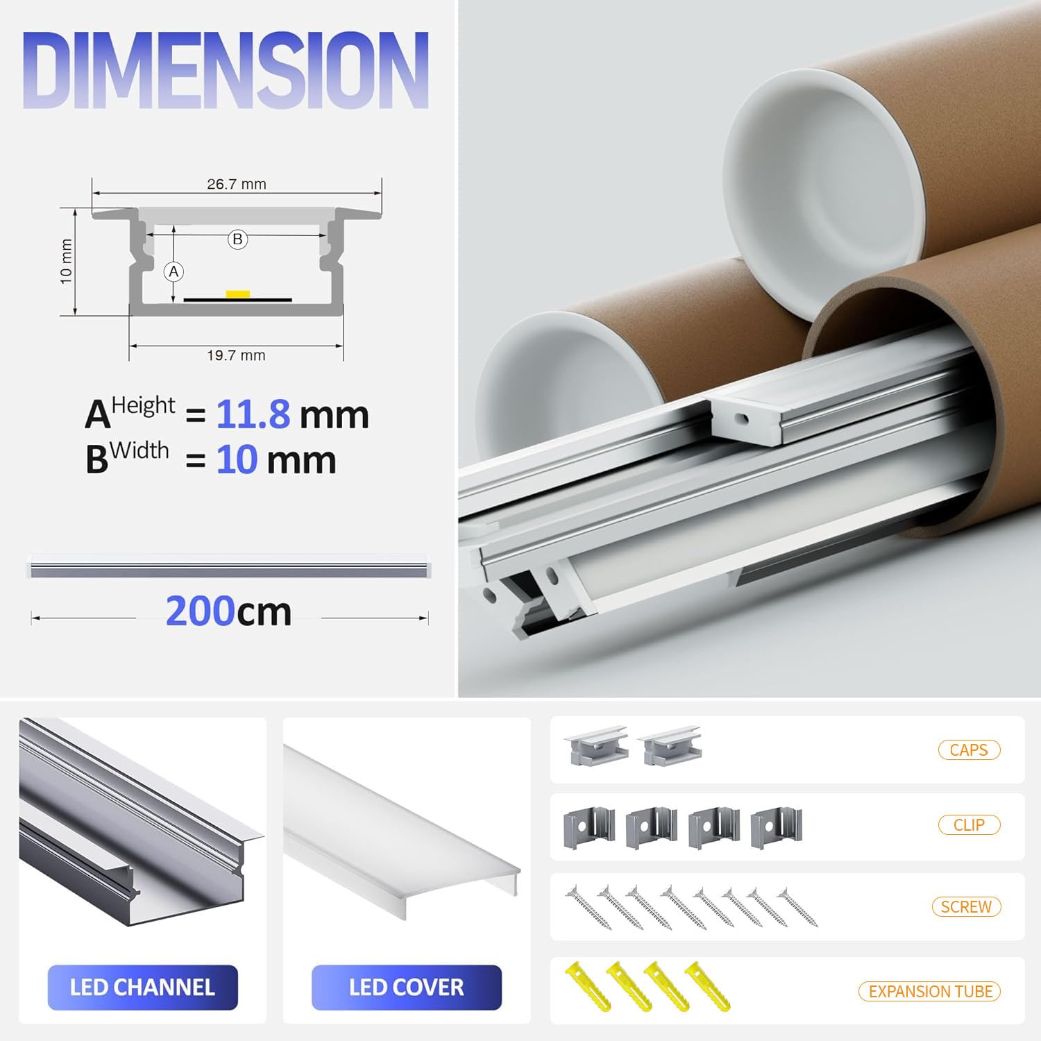 LED Profil Schiene 2m aus eloxiertem Aluminium, Aluminium Profil passend für 15mm Streifen, mit opalem Diffusor (SP23, 6 Stück (12 m))