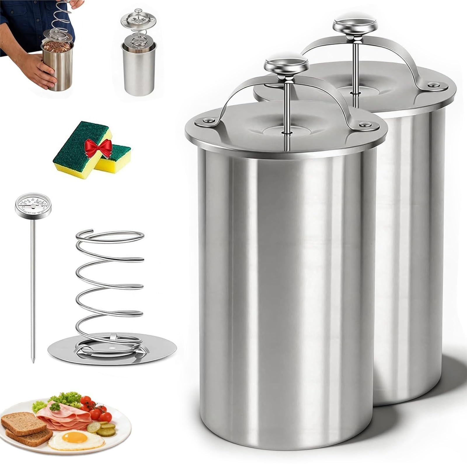 Pressa per Salumi in Acciaio Inossidabile, Stampo per Prosciutti Con Termometro, Pressa per Carni Cotte E Affettati, Strumento Robusto per Una Cucina Domestica Sana E Sandwich Fatti in Casa(A-2PCS)