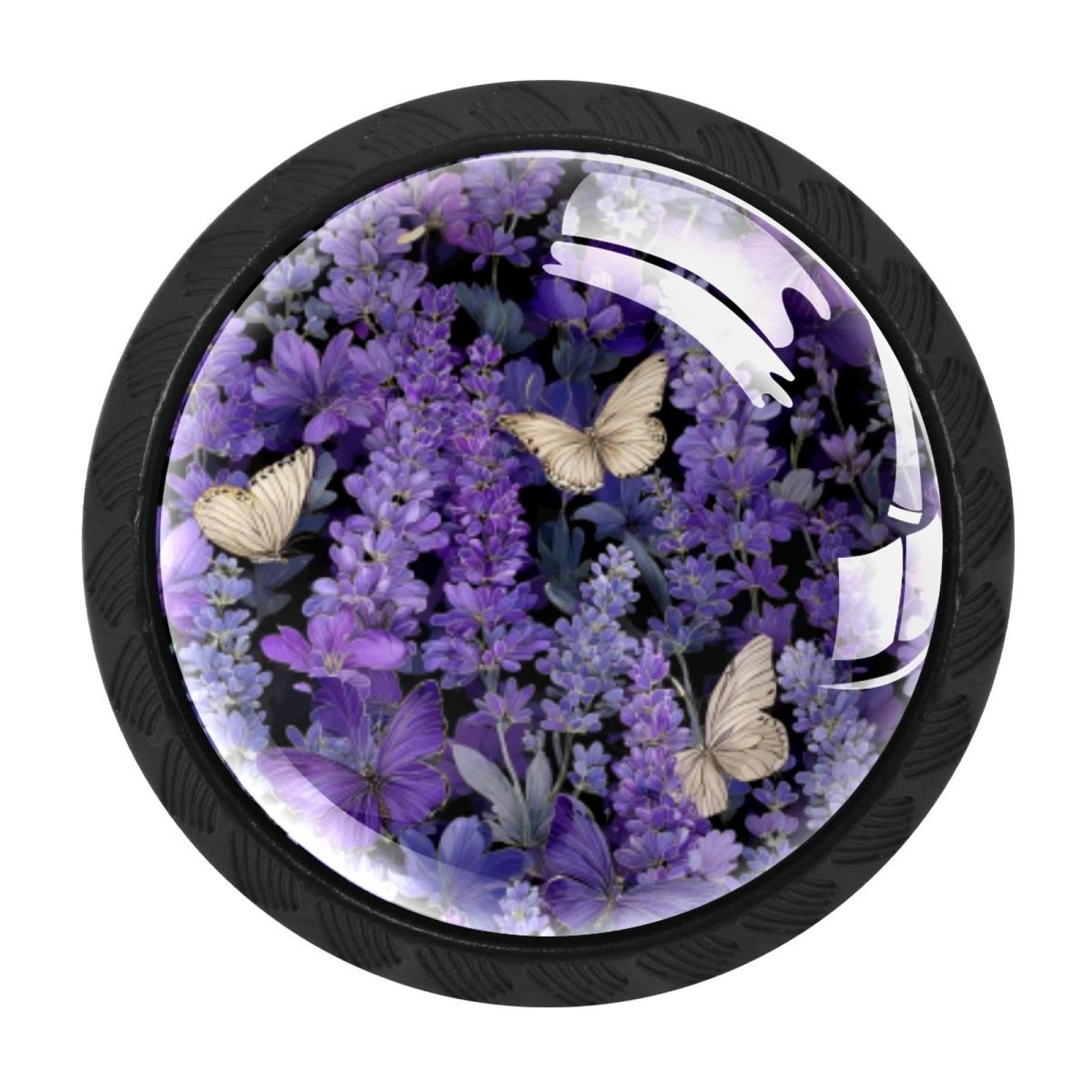 CHENZZZZ 4 Pack Black Lavender Butterfly Flowers Purple Floral (6) Drawer Knobs, Cabinet Knobs Round Glass Knobs for Kitchen Cabinet Hardware Bathroom 35MM